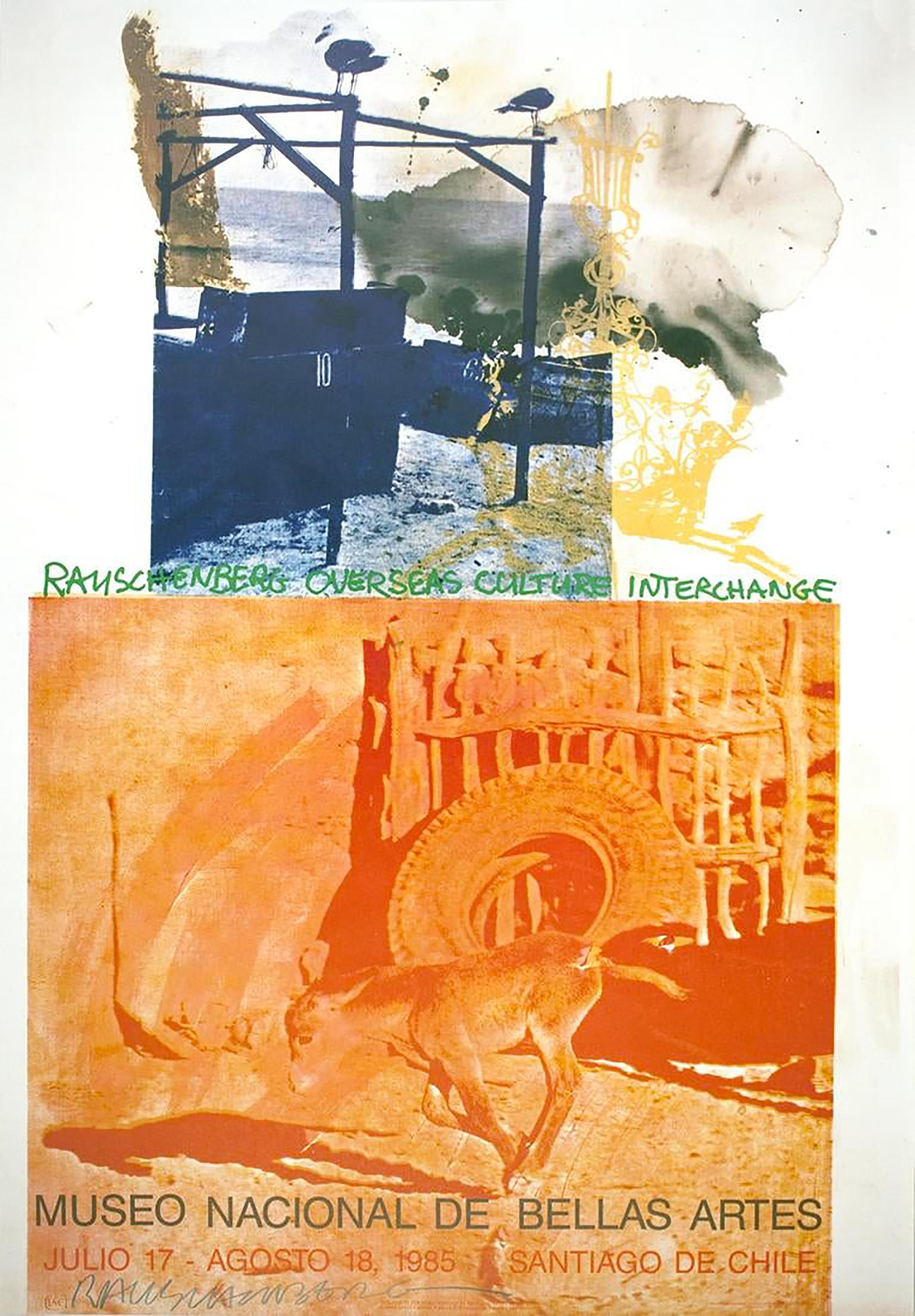 "ROCI: Chile" (1985) is an offset lithograph on paper created by world renowned American artist James Robert Rauschenberg (1925 - 2008). 

The artwork represents the first printing exhibition poster created for Rauschenberg's Overseas Culture