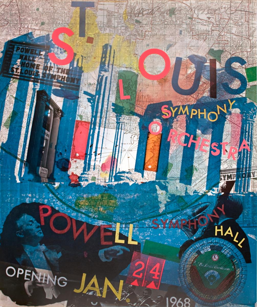 First printing poster created for the opening of the St. Louis Symphony Orchestra, Powell Symphony Hall, January 24th, 1968, signed by Rauschenberg.  Not Numbered. Slight creasing in the middle part.