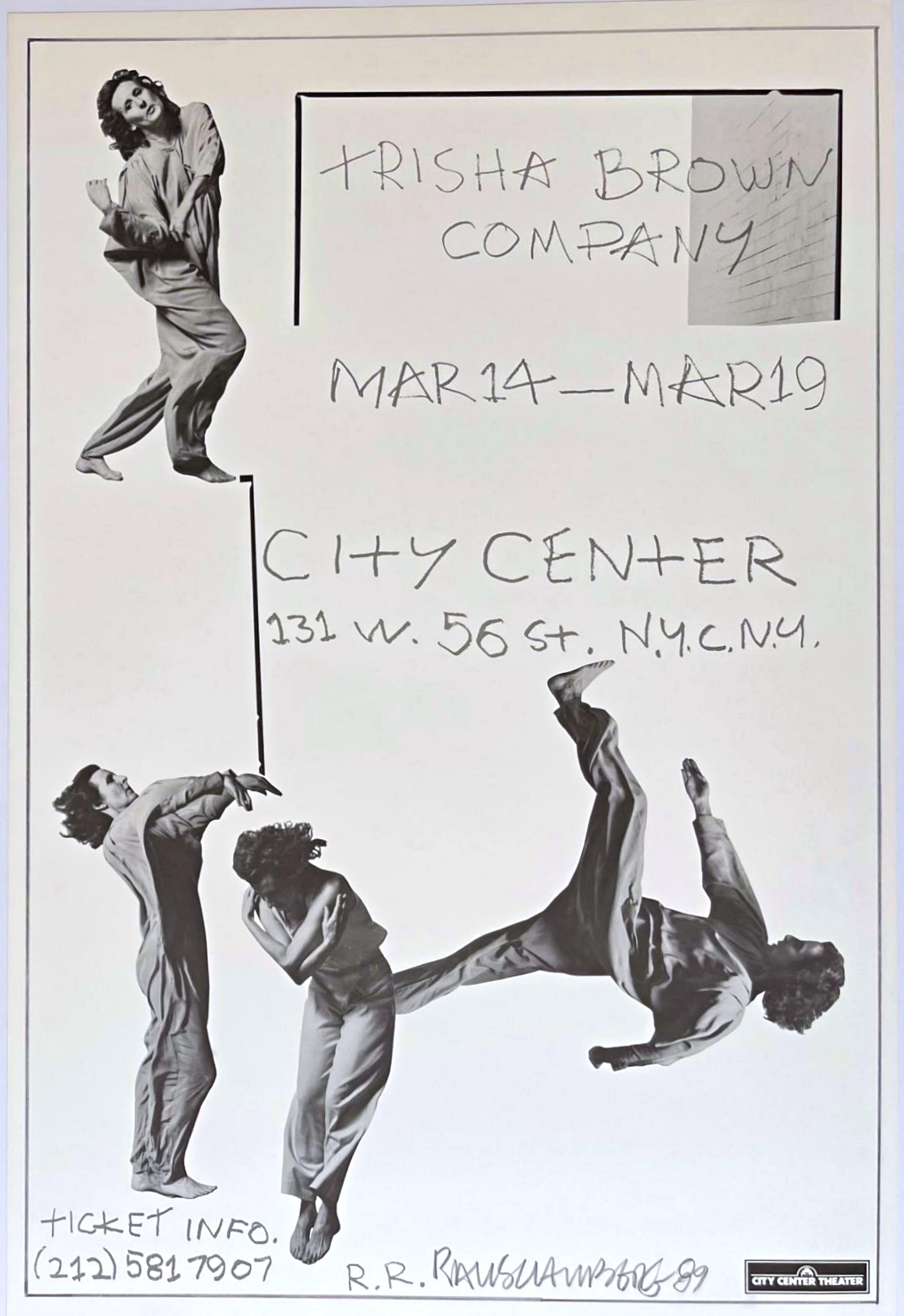 Robert Rauschenberg
Trisha Brown Company (Hand signed and dated), 1989
Offset lithograph (hand signed and dated by Robert Rauschenberg)
36 × 24 inches
Signed and dated '89 in graphite lower front
Published by City Center Theater, New York