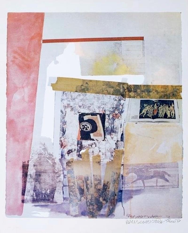 Created by Robert Rauschenberg in 1973 as a color photo-screenprint, Watermark is a perfect example of the artist’s use of collage imagery and color.  Hand-signed and numbered in pencil, the artwork measures 35 ½ x 24 ¼ in. (90.2 x 61.6 cm),