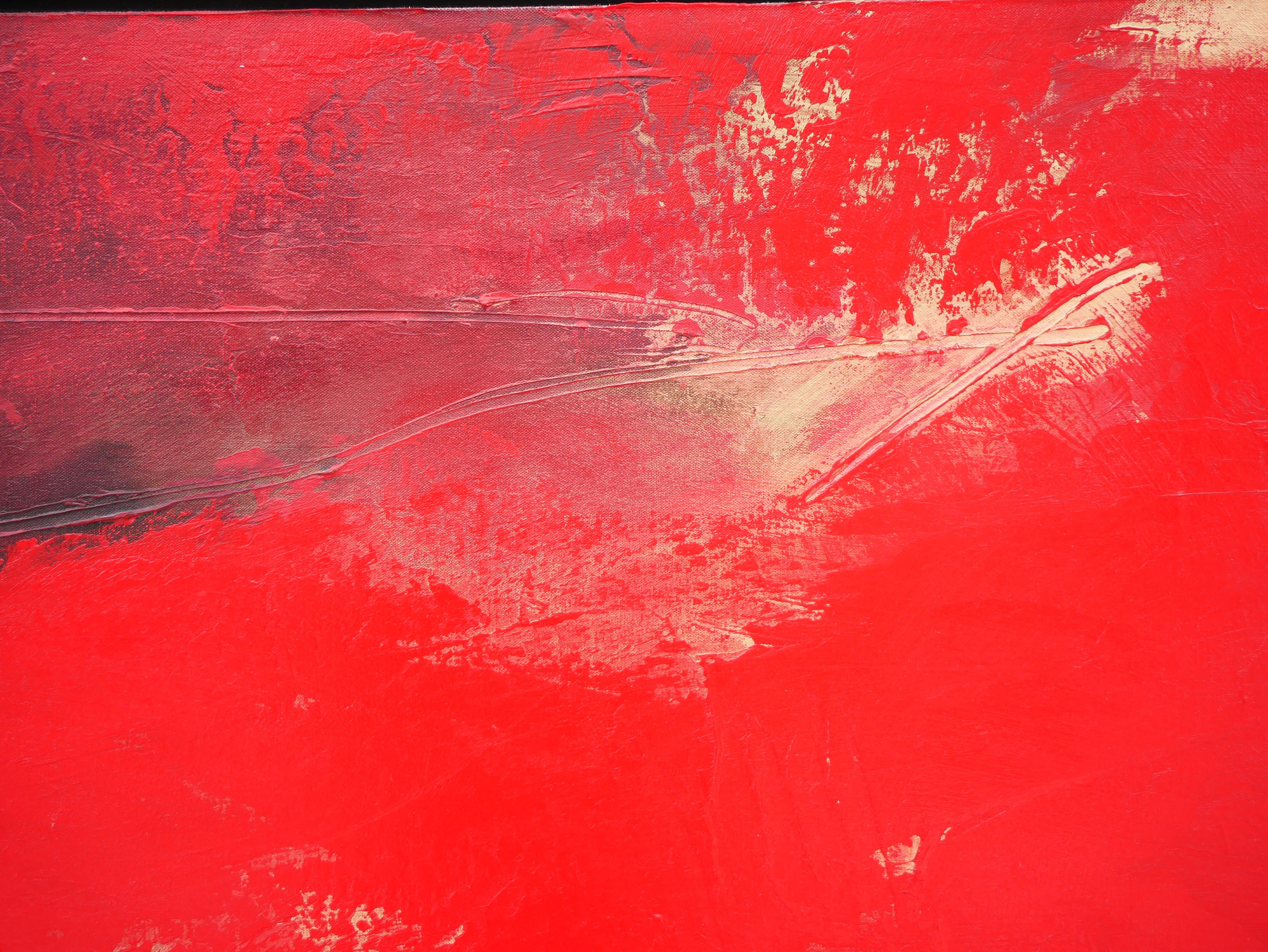 Large bright red with black and white abstract expressionist painting by American artist Robert Rector. Signed and dated by the artist at the bottom right corner. Framed in a simple black wooden frame.

Dimensions Without Frame: H 47.75 in. x W 96