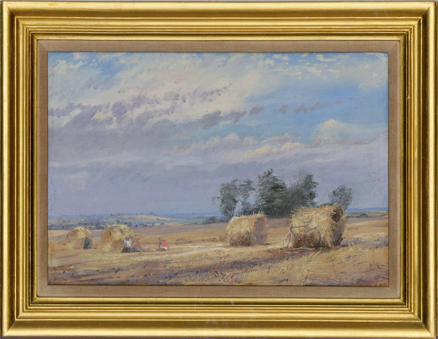 A view across a golden hayfield near Tadmarton in Oxfordshire. Two figures rest among the hay bales while a bike sits idle to the right of the composition. Presented in a gold-painted wooden frame and a linen slip. Unsigned. Inscribed to the verso