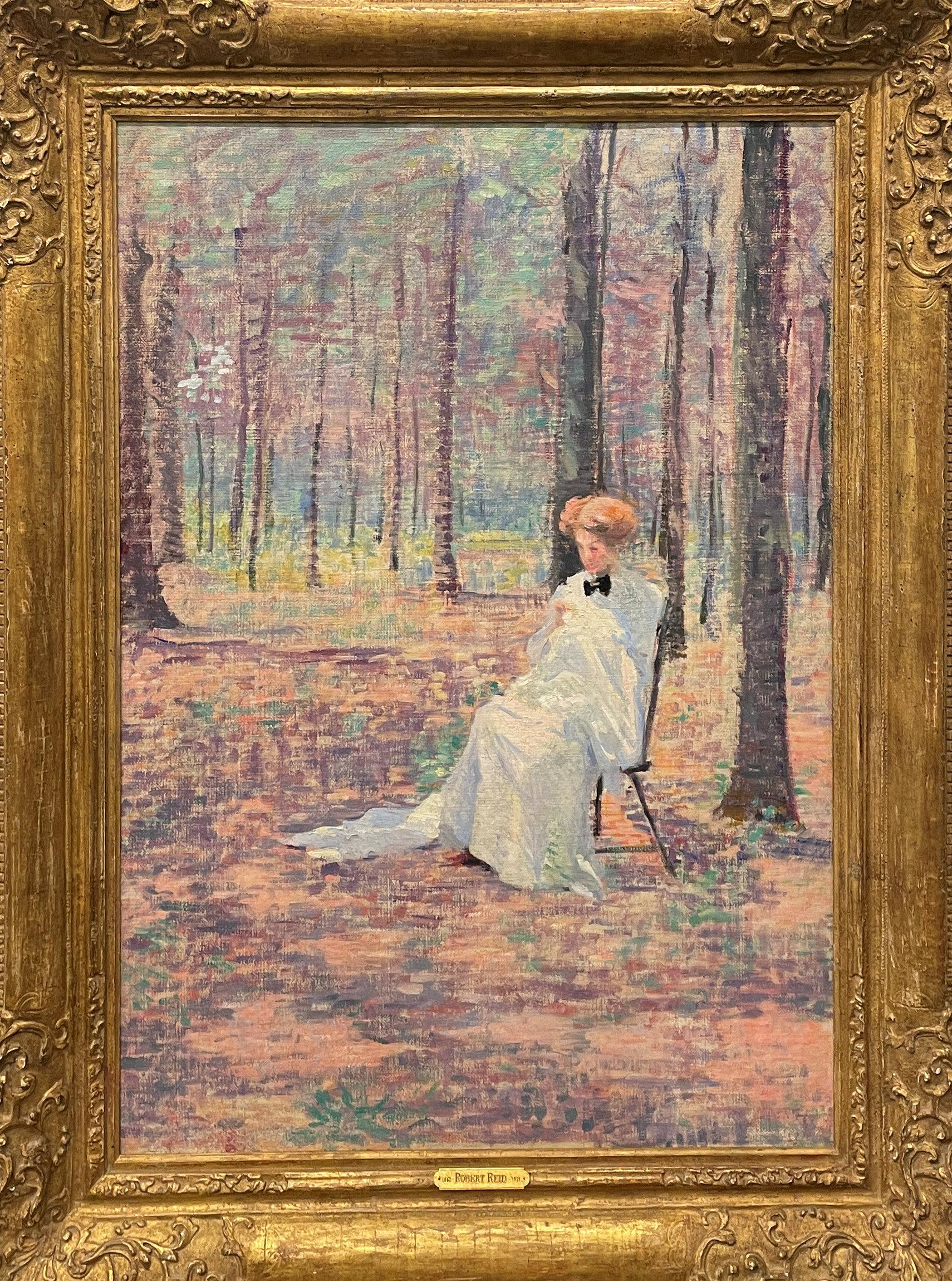 « Femme dans une forêt Glade » Robert Lewis Reid, impressionniste américain, Femme française - Painting de Robert Reid