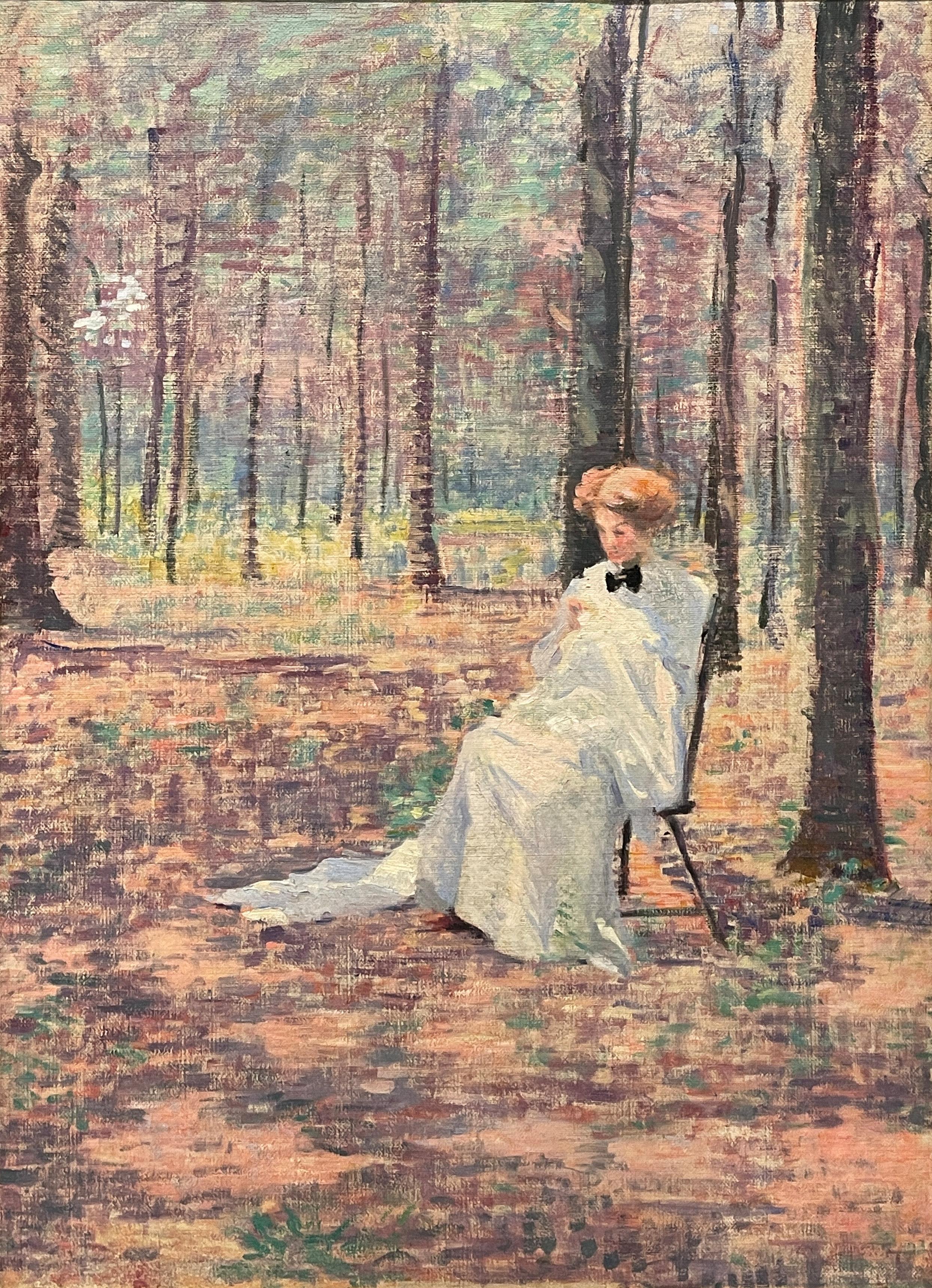 Robert Reid Landscape Painting - "Woman in a Forest Glade" Robert Lewis Reid, American Impressionist, French Lady