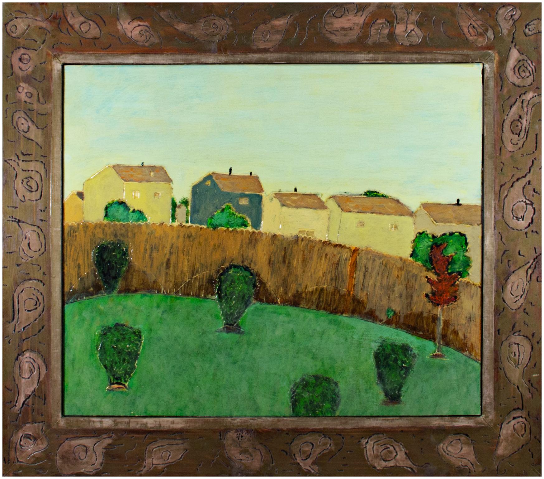 "Back Yard", olio originale su legno con cornice fatta a mano firmato da Robert Richter