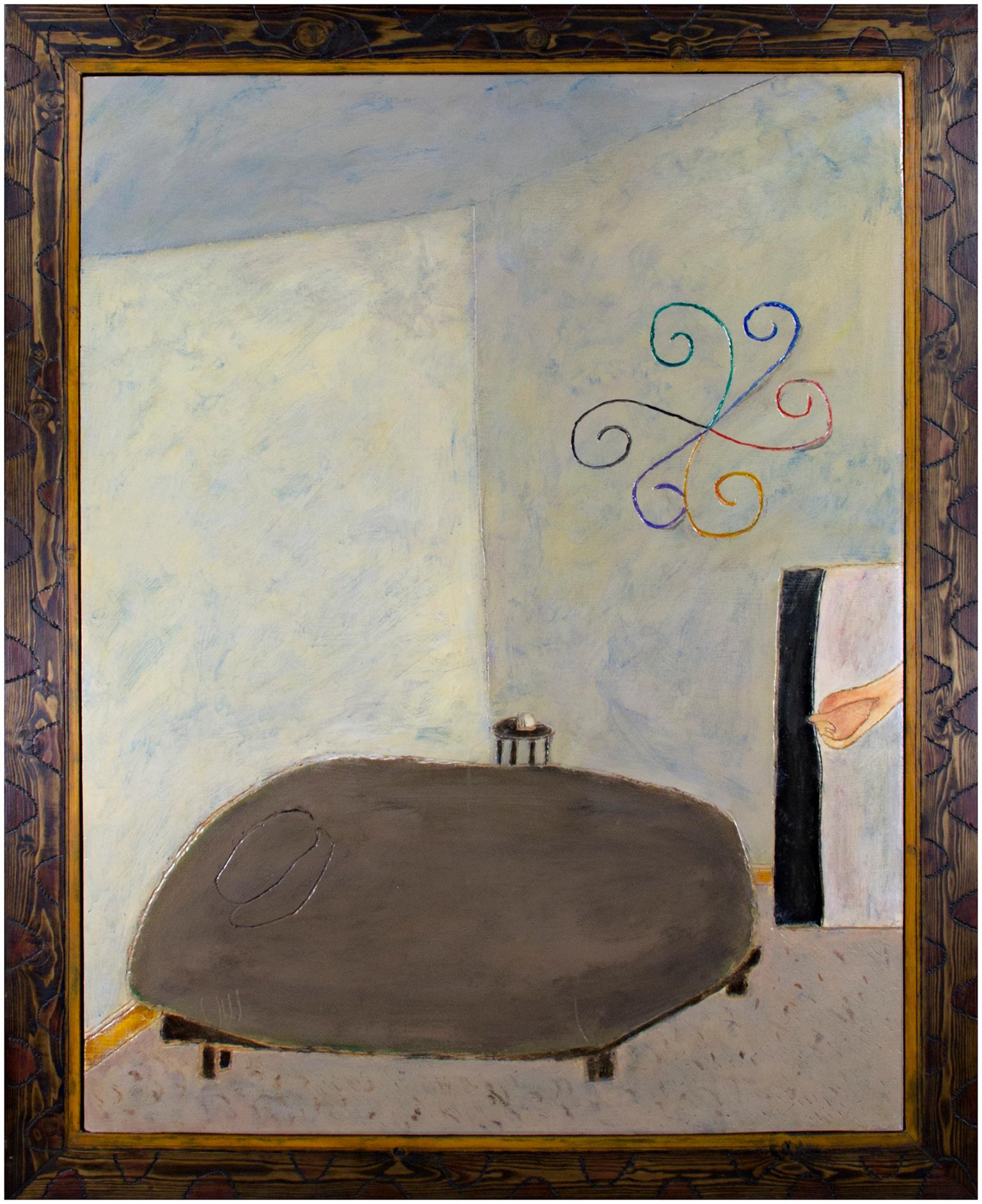 "Bedroom" de Robert Richter est une peinture à l'huile sur bois avec la signature au verso. Le cadre a été fabriqué par l'artiste et sculpté à la main, ce qui en fait une partie intégrante de l'œuvre. Peut-être en hommage à Van Gogh, cette
