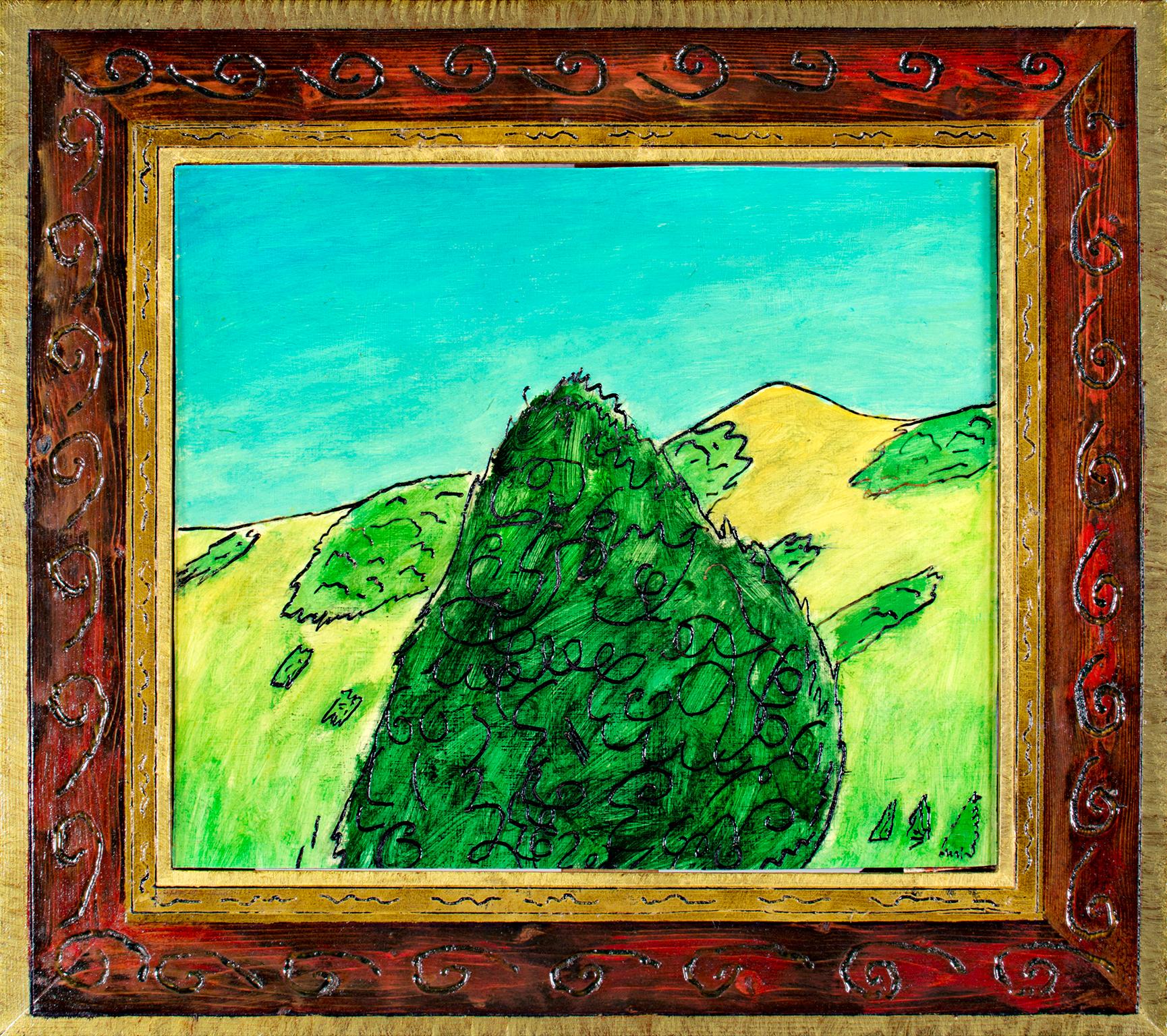 "Bodega Mountain," is an original oil painting on wood, signed on the verso. The frame was created and hand-carved by the artist, which makes it an integral part of the work. The image shows rolling hills in vibrant green and yellow rising to meet a