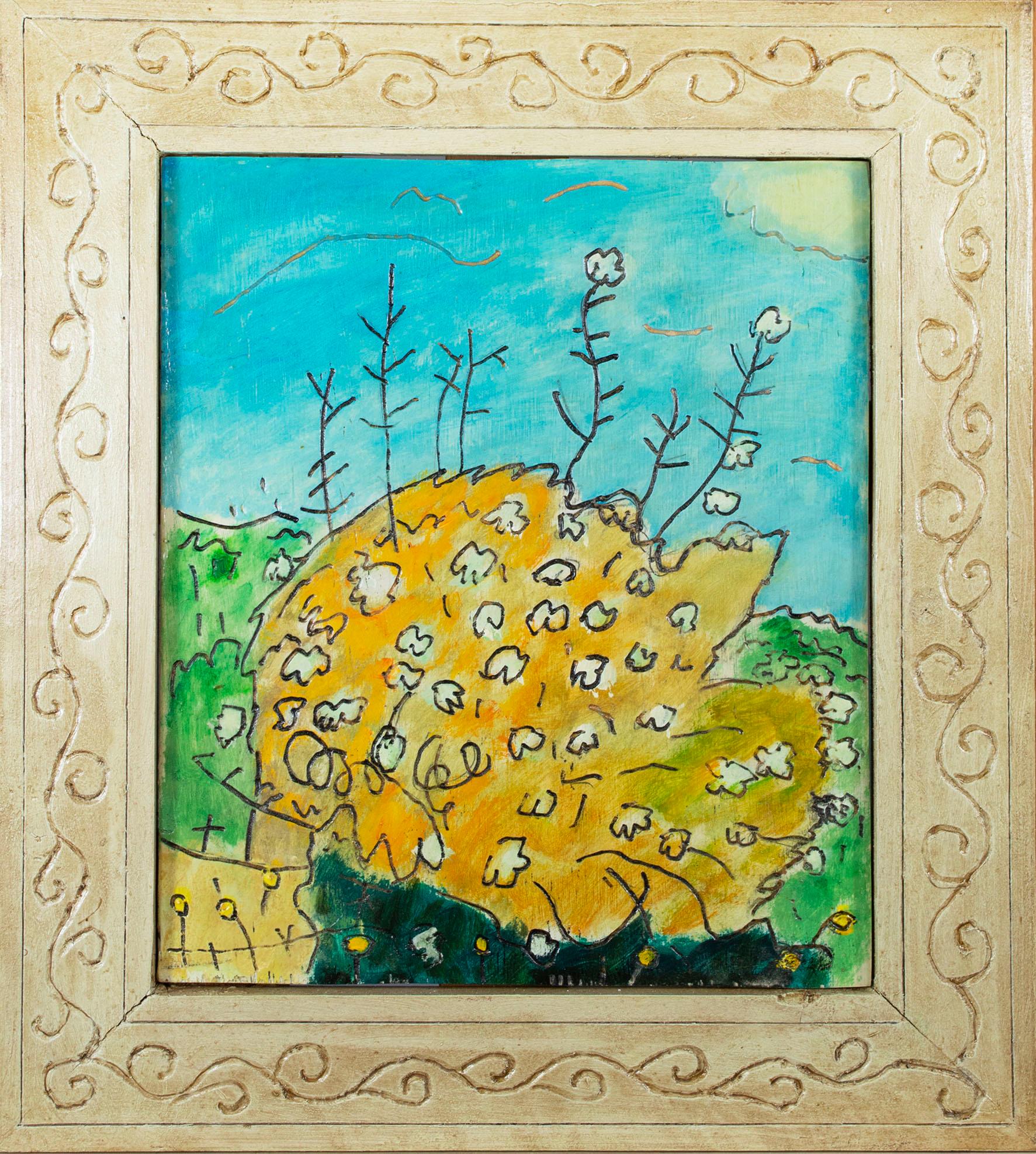 Dans cette peinture, Robert Richter a composé l'image très serrée d'un buisson feuillu, en prêtant attention à ses brins et fleurs individuels. Sous l'arbuste, une rangée de petites fleurs - peut-être des pissenlits - parsème le premier plan comme