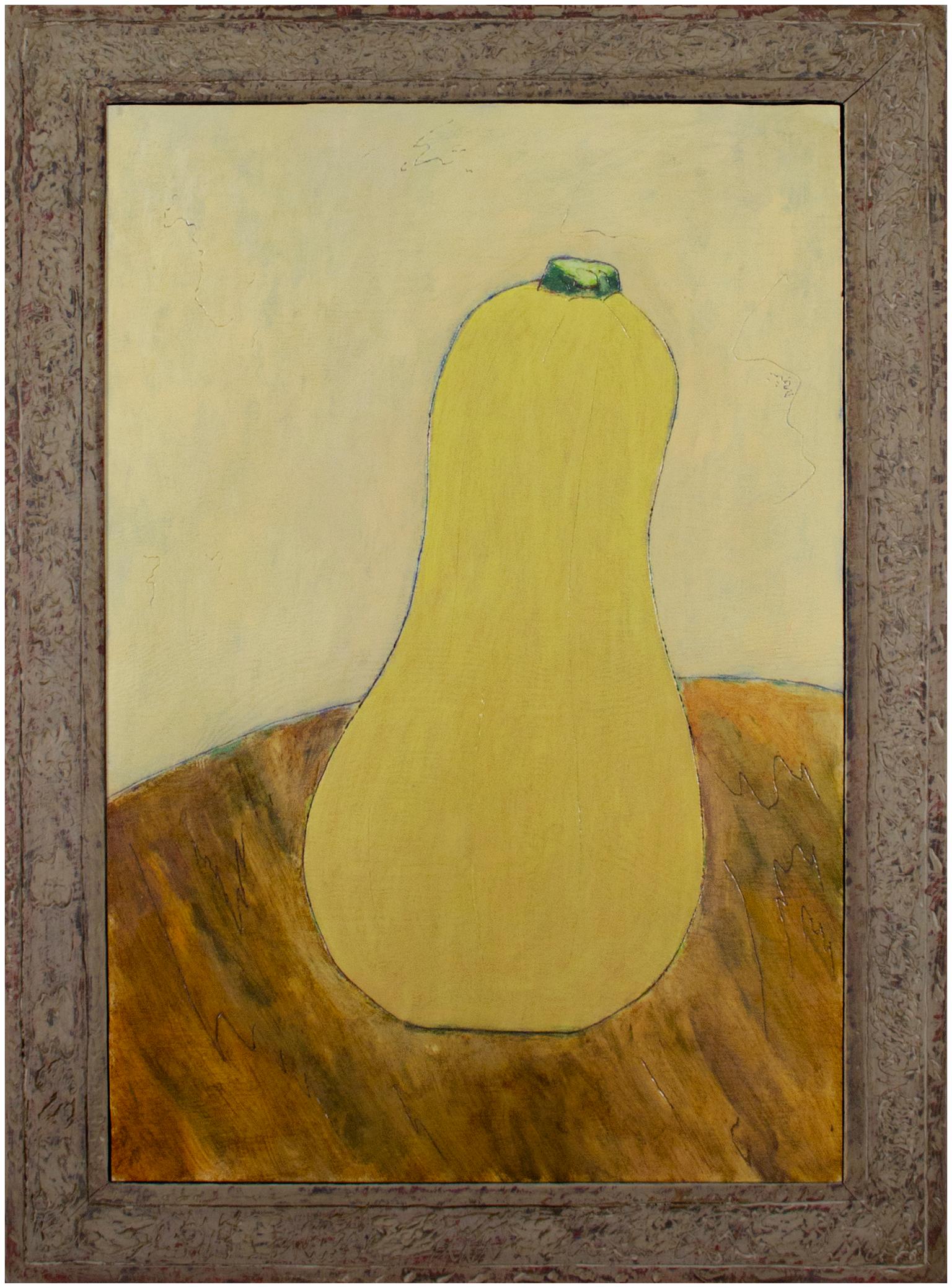 "Butter Squash" de l'artiste du Wisconsin Robert Richter est une peinture à l'huile sur bois, datée et estampillée des initiales de l'artiste au verso. Le cadre a été construit et sculpté à la main par l'artiste, ce qui en fait une partie intégrante