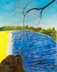 ""Cold Sun", gelbe und blaue Strandszene, Öl auf Holz, signiert von Robert Richter