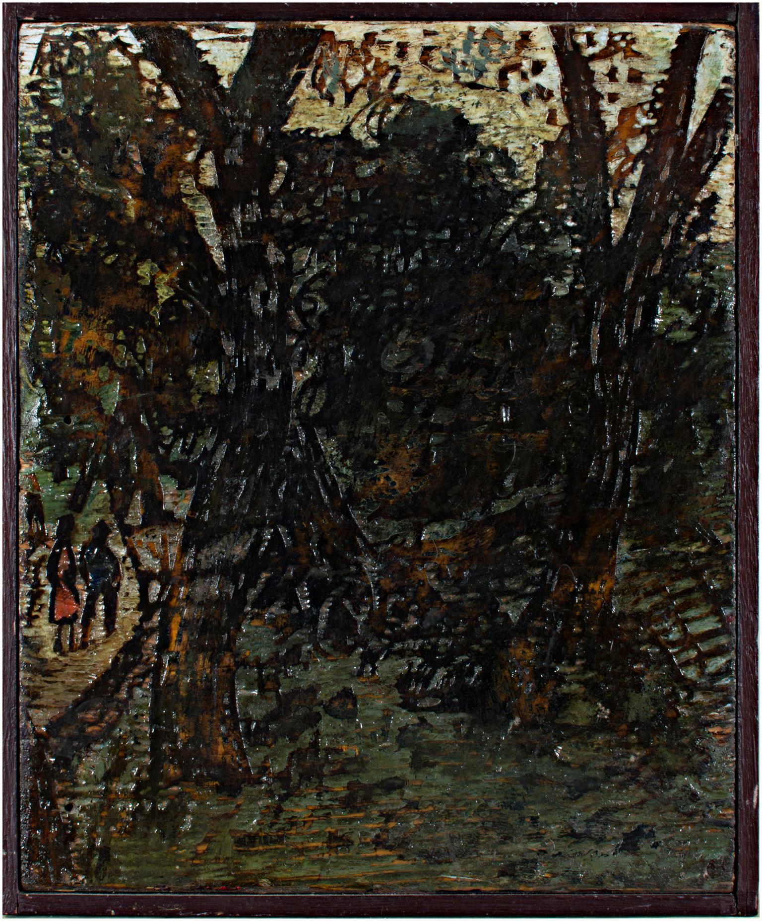 "Couple In Woods" est une peinture originale à l'huile sur bois de l'artiste du Wisconsin Robert Richter. L'artiste a signé l'œuvre au dos et a sculpté le cadre à la main pour qu'il fasse partie intégrante de l'œuvre d'art. Cette œuvre représente