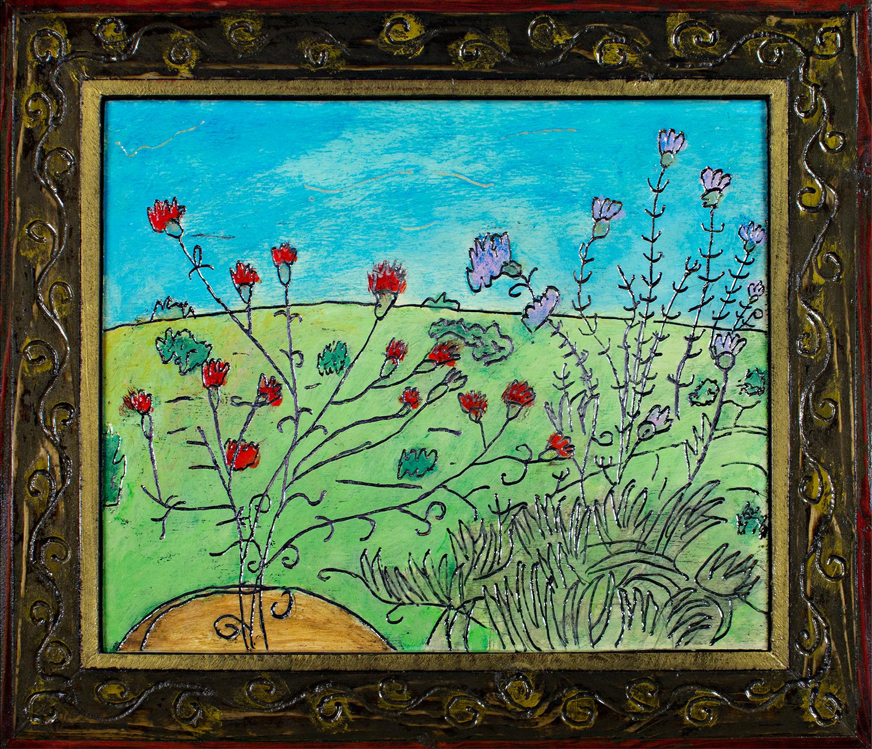 "Deck Flowers" is an original oil painting on wood by Wisconsin artist Robert Richter. It is signed on the back, and the frame is created and hand-carved by the artist,  making it an integral part of the piece. It depicts red flowers growing on