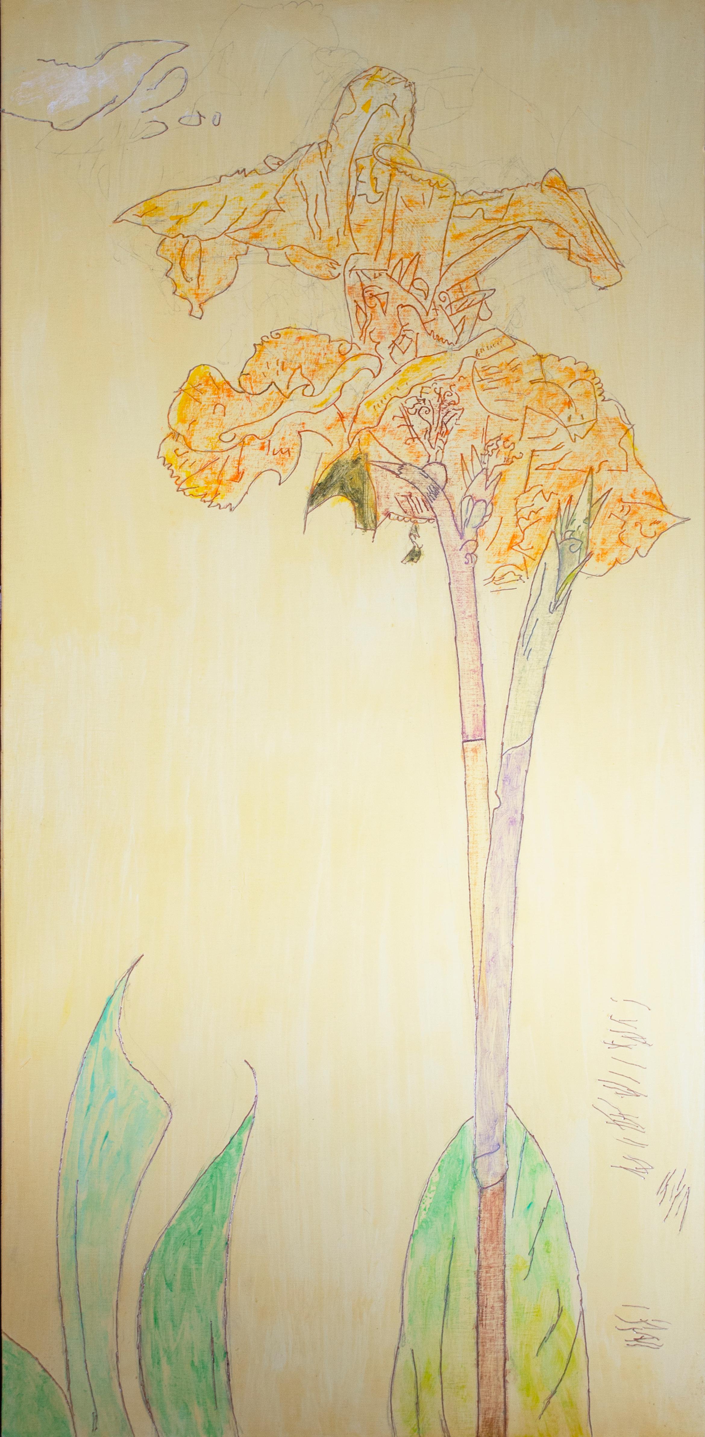 In 'Flower Dancer,' Robert Richter presents the viewer with a closely cropped image of a canna lily. Whereas many of his paintings use deep and richly saturated color, here he treats the subject more delicately using thin washes of oil on top of the