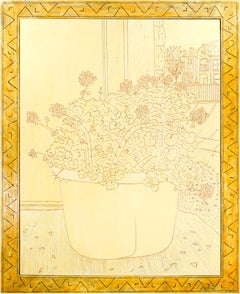 "Geraniums, " Original Line Work Floral Still-life Oil signed by Robert Richter