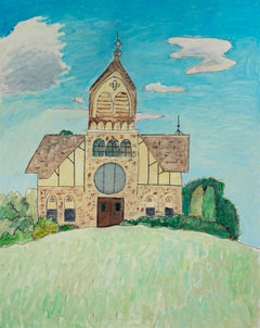 "Chiesa di pan di zenzero" Pittura a olio di una chiesa di campagna firmata da Robert Richter