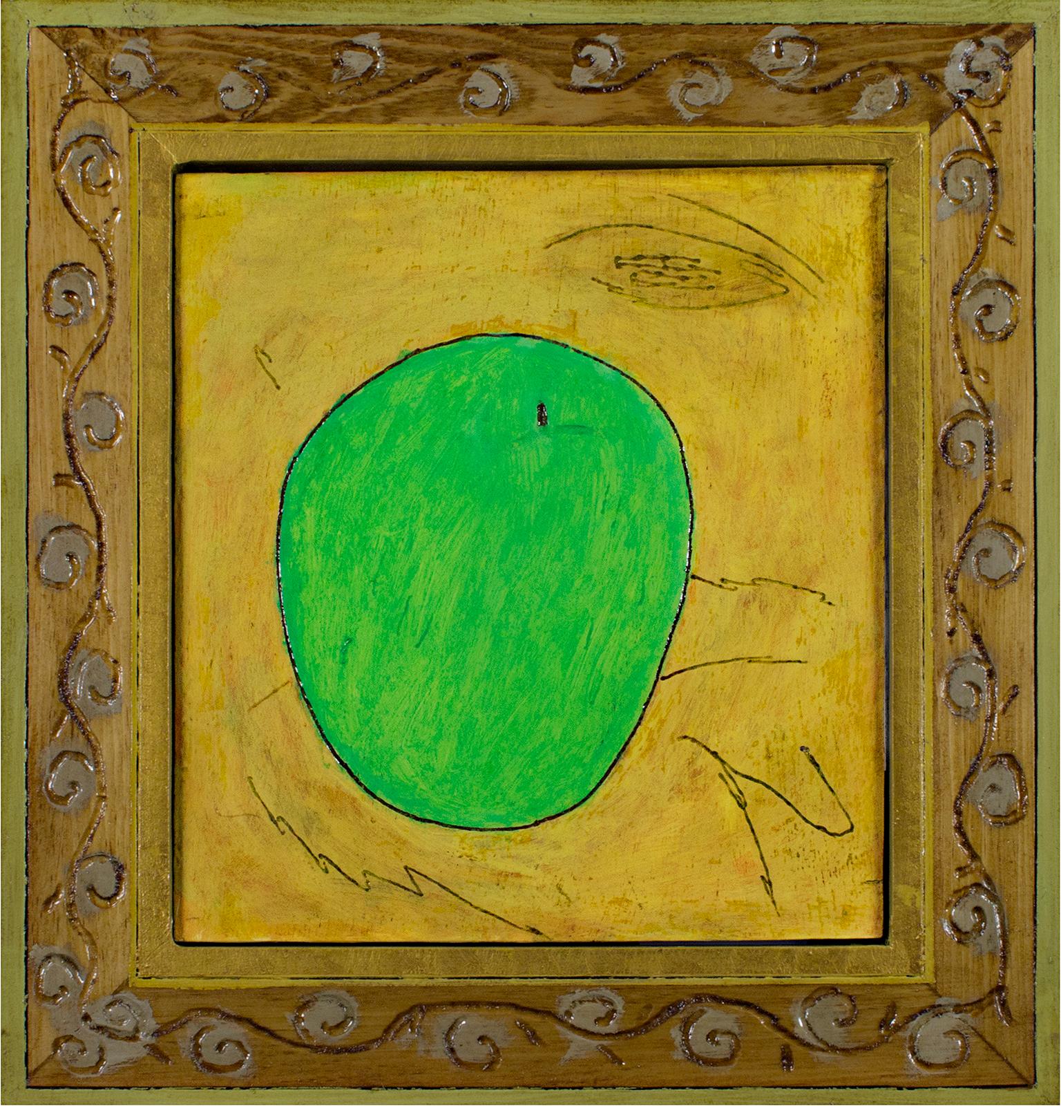 « Pomme verte », nature morte originale encadrée, huile signée au dos par Robert Richter