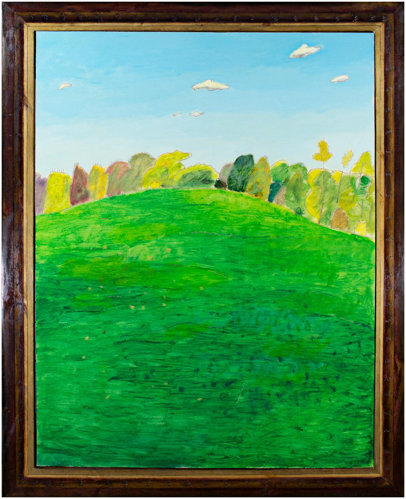 "Green Meadow" est une peinture à l'huile originale sur bois de Robert Richter. L'artiste a signé l'œuvre au dos. Cette œuvre d'art représente un vaste paysage vert avec des arbres jaunes, bruns et verts qui s'élèvent au loin. Le ciel est d'un bleu