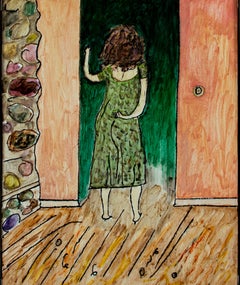 "Home From Work, " figurative interior scene, oil paint on wood by Robert Richter