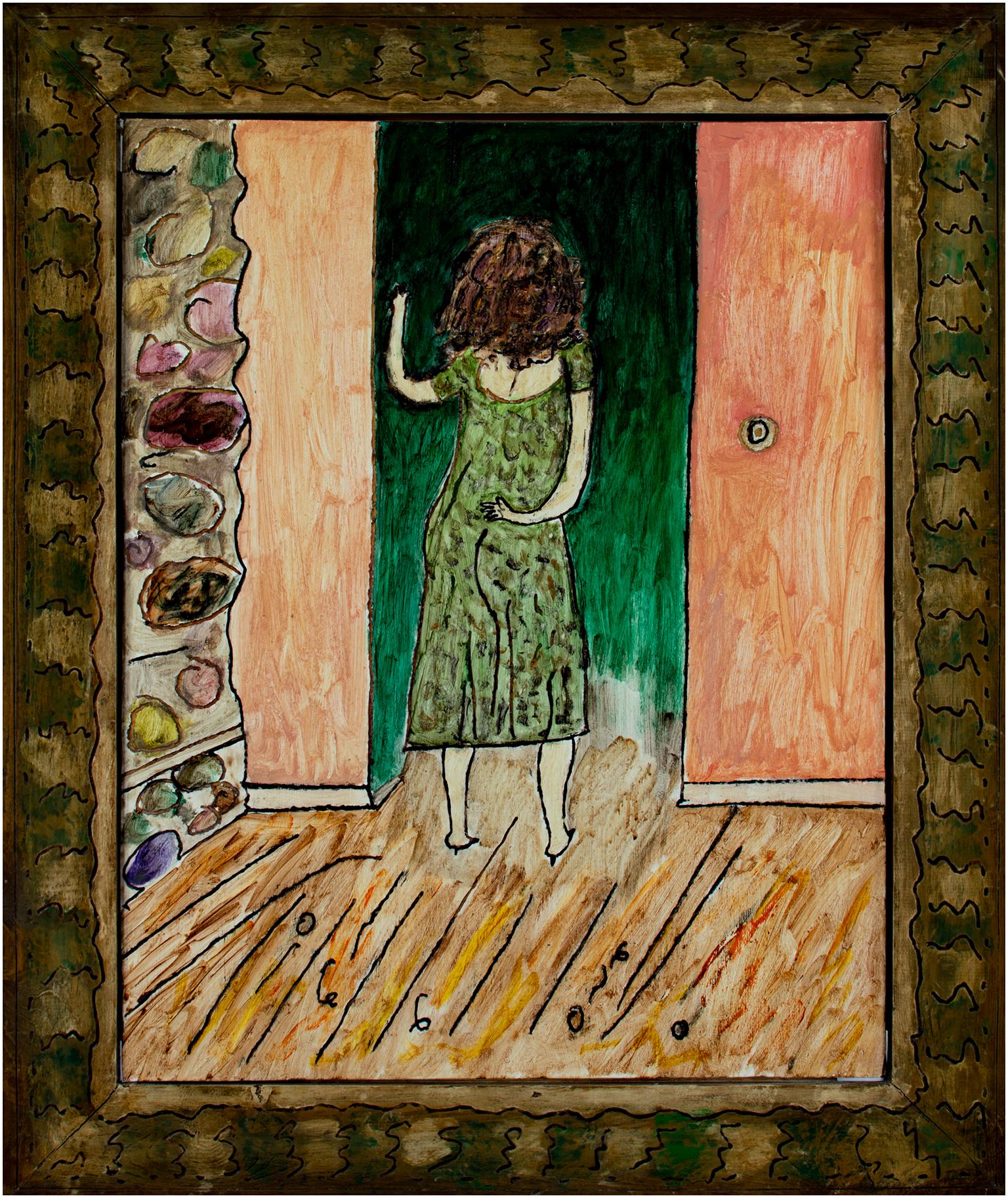 "Home From Work" is an original oil painting on wood by Robert Richter. The artist signed the piece on the back. This artwork features a woman in a green patterned dress walking through a doorway. The walls are a light peach-orange color behind her