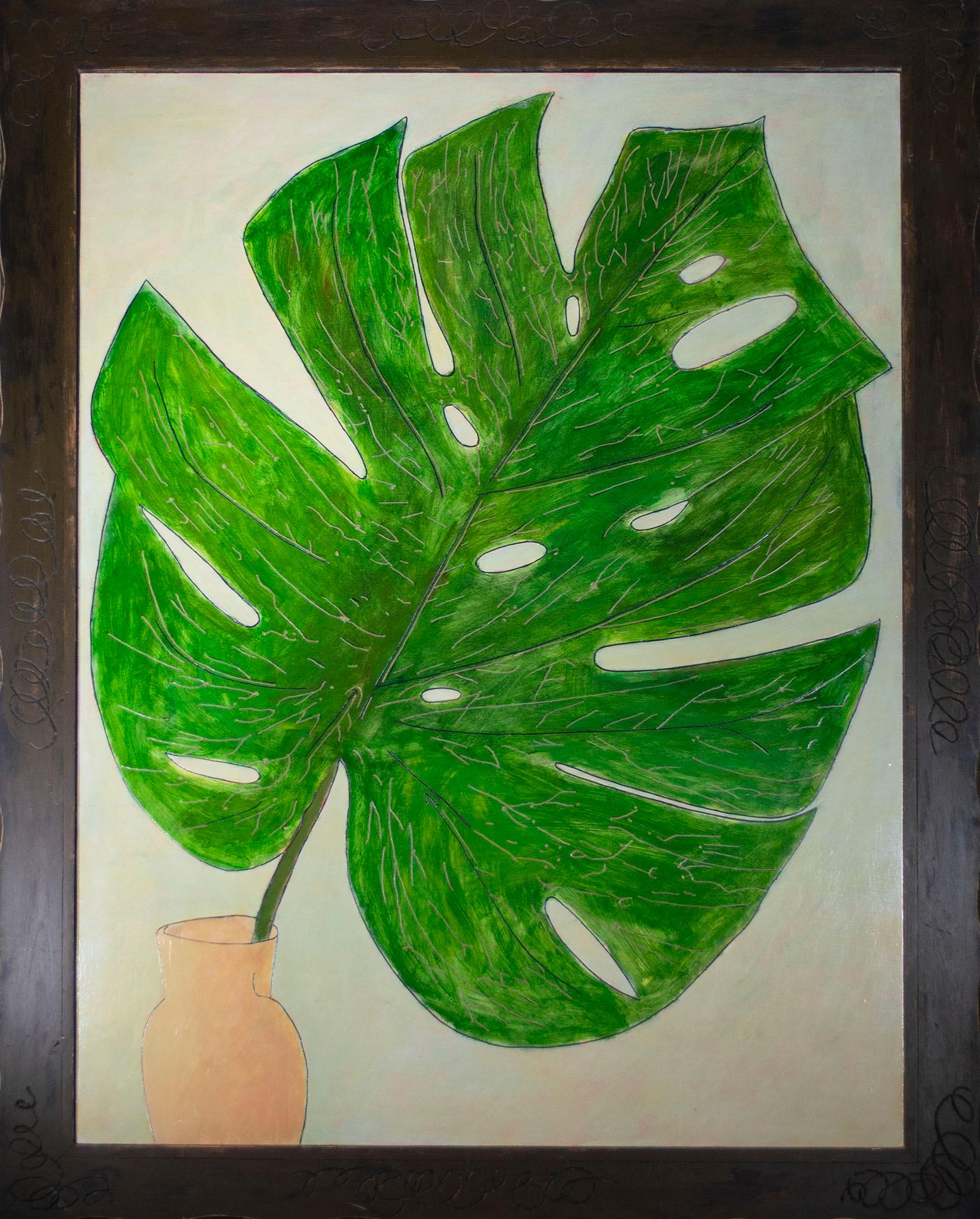 In this painting, Robert Richter presents the viewer with a still life of a massive Swiss cheese plant leaf emerging from a small ceramic jug. Though the leaf is a common tropical houseplant and the jug seems to recall American folk pottery, the