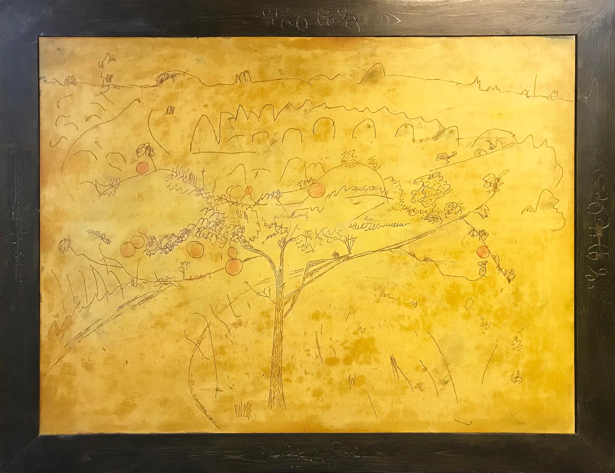 Peinture originale à l'huile sur bois « Little Apple Tree » signée Robert Richter