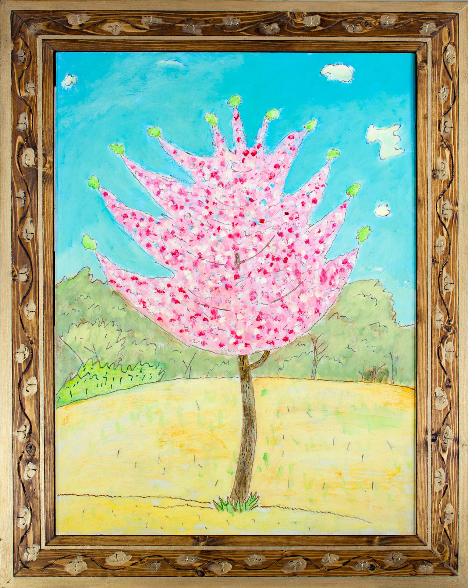 "New Growth" is an original oil painting on wood by Wisconsin artist Robert Richter, signed on the verso. The frame was hand-carved and painted by the artist, making it an integral piece of the artwork. Richter brings vibrant pinks, unusual in his