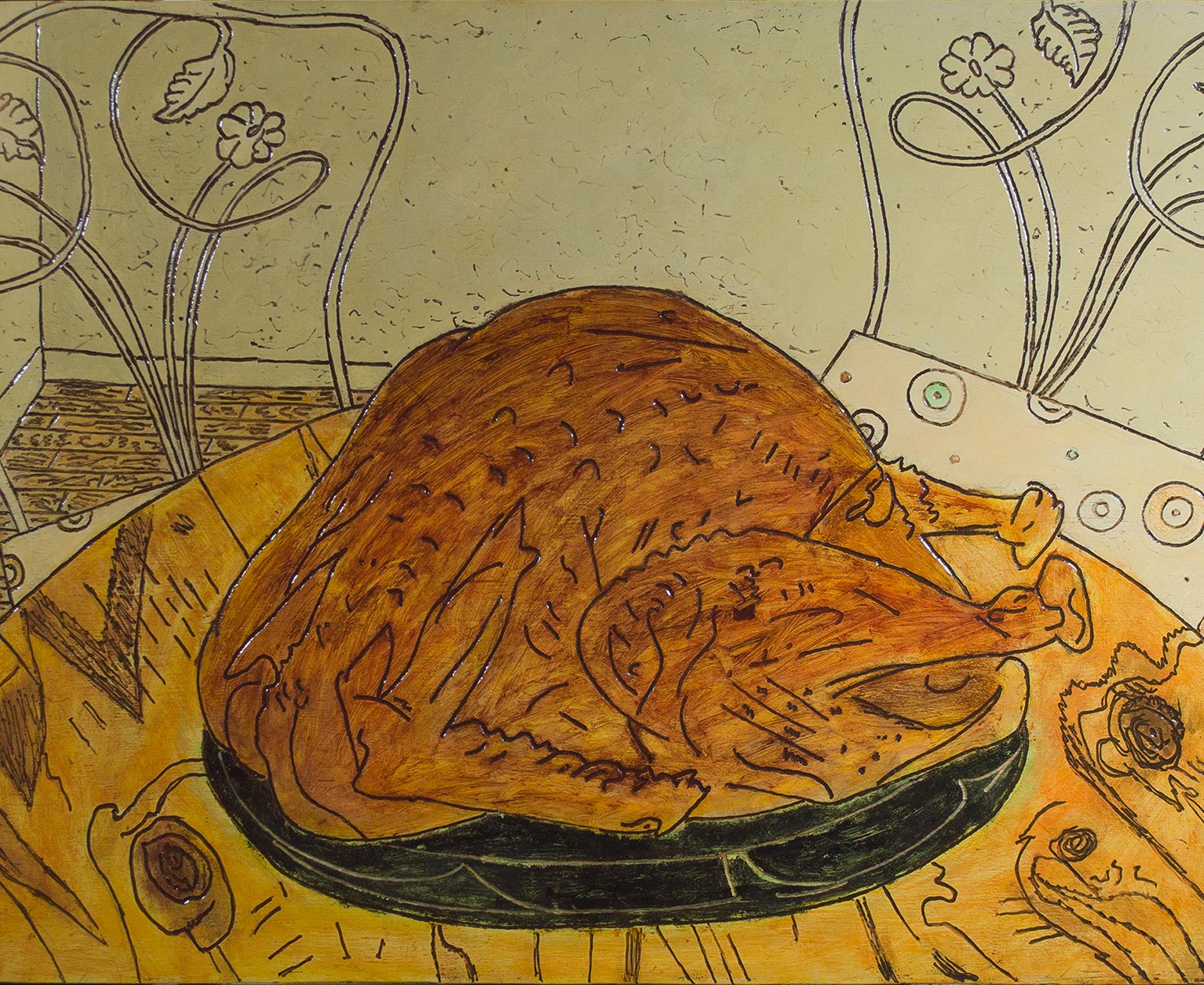 „Neujahrsvogel“, Food-Stillleben, Öl auf Holz, verso signiert von Robert Richter im Angebot 1