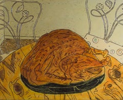 "New Year Bird, " Food Still Life Oil on Wood signed on Verso by Robert Richter