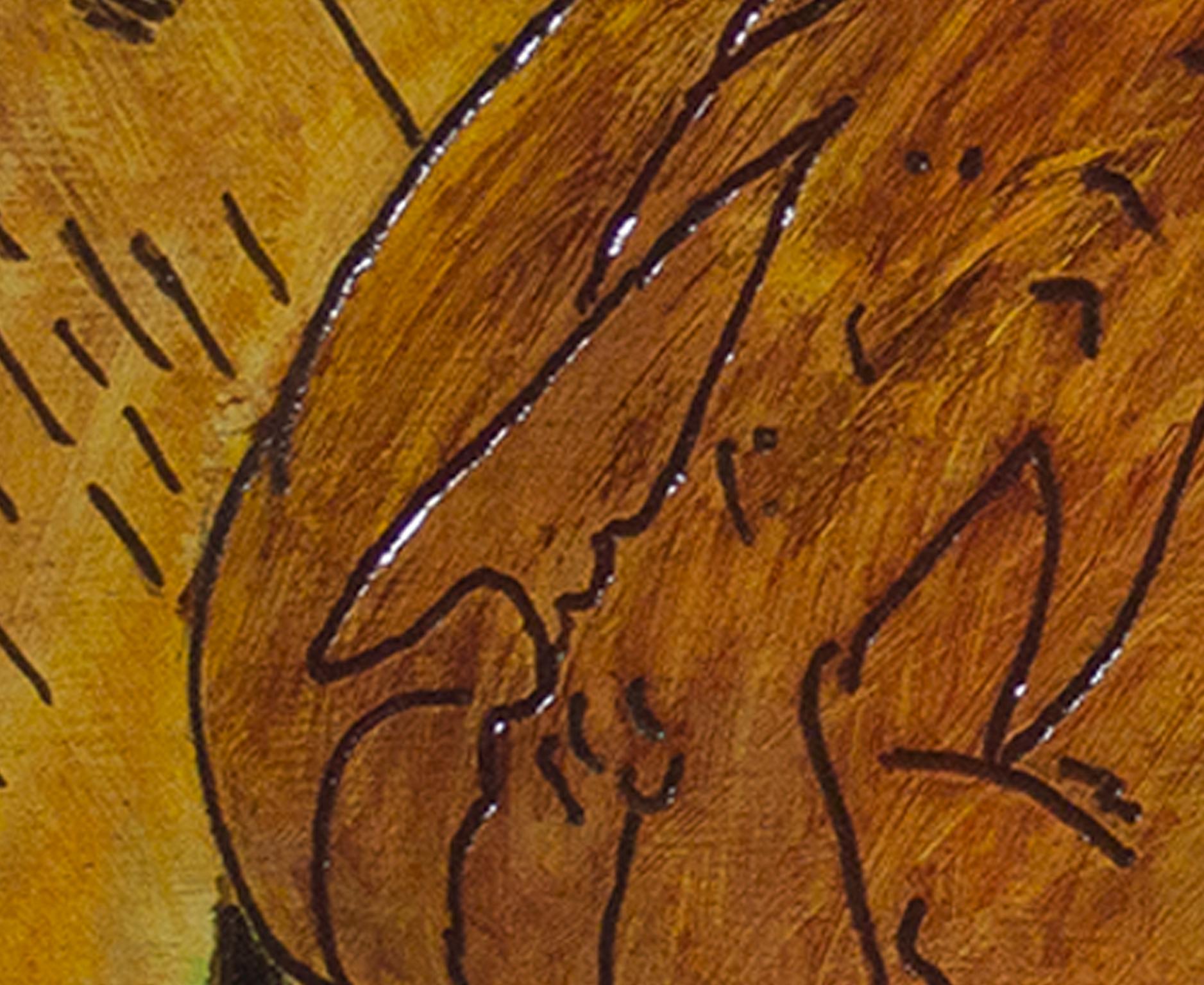 „Neujahrsvogel“, Food-Stillleben, Öl auf Holz, verso signiert von Robert Richter im Angebot 3