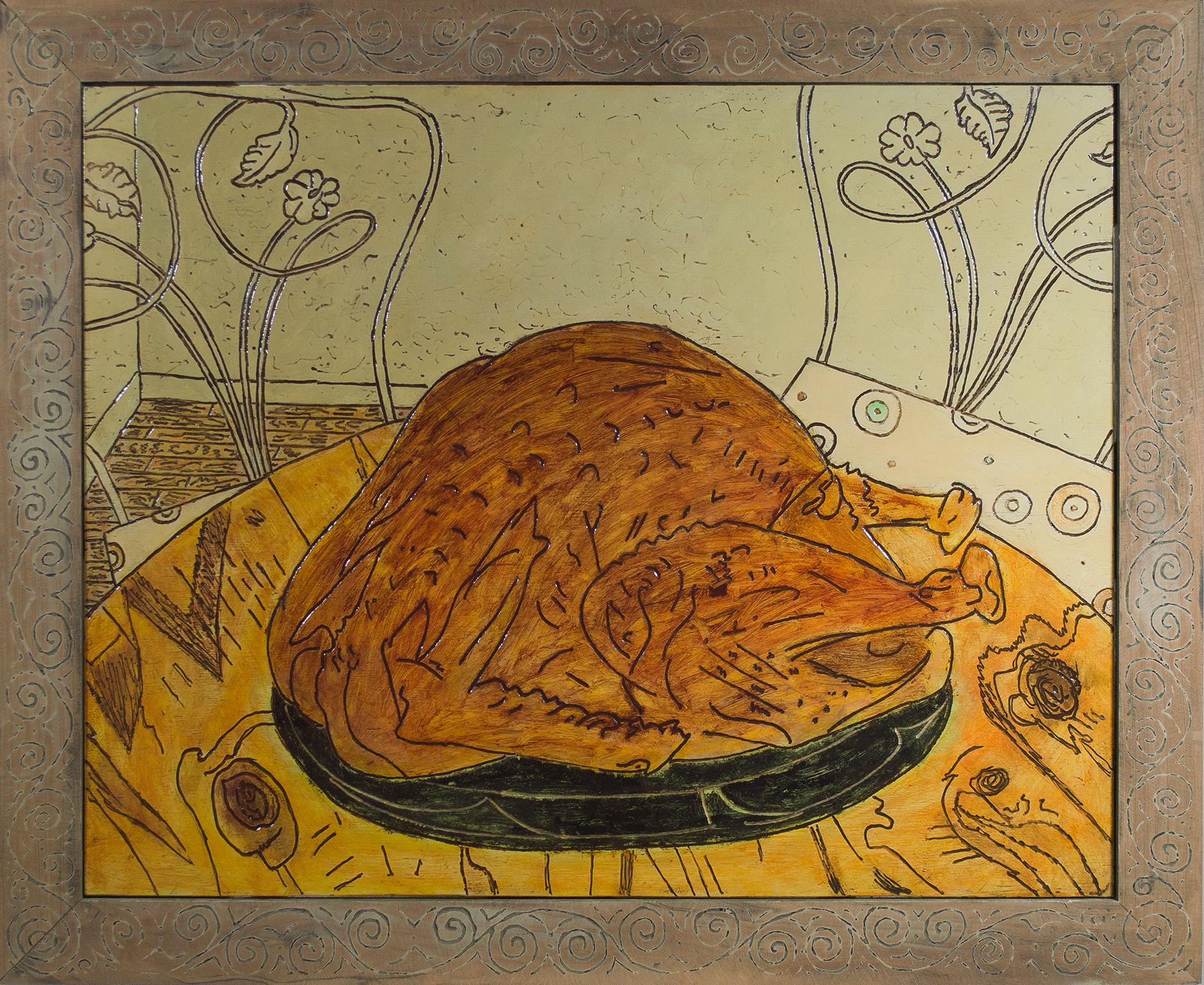 „Neujahrsvogel“, Food-Stillleben, Öl auf Holz, verso signiert von Robert Richter