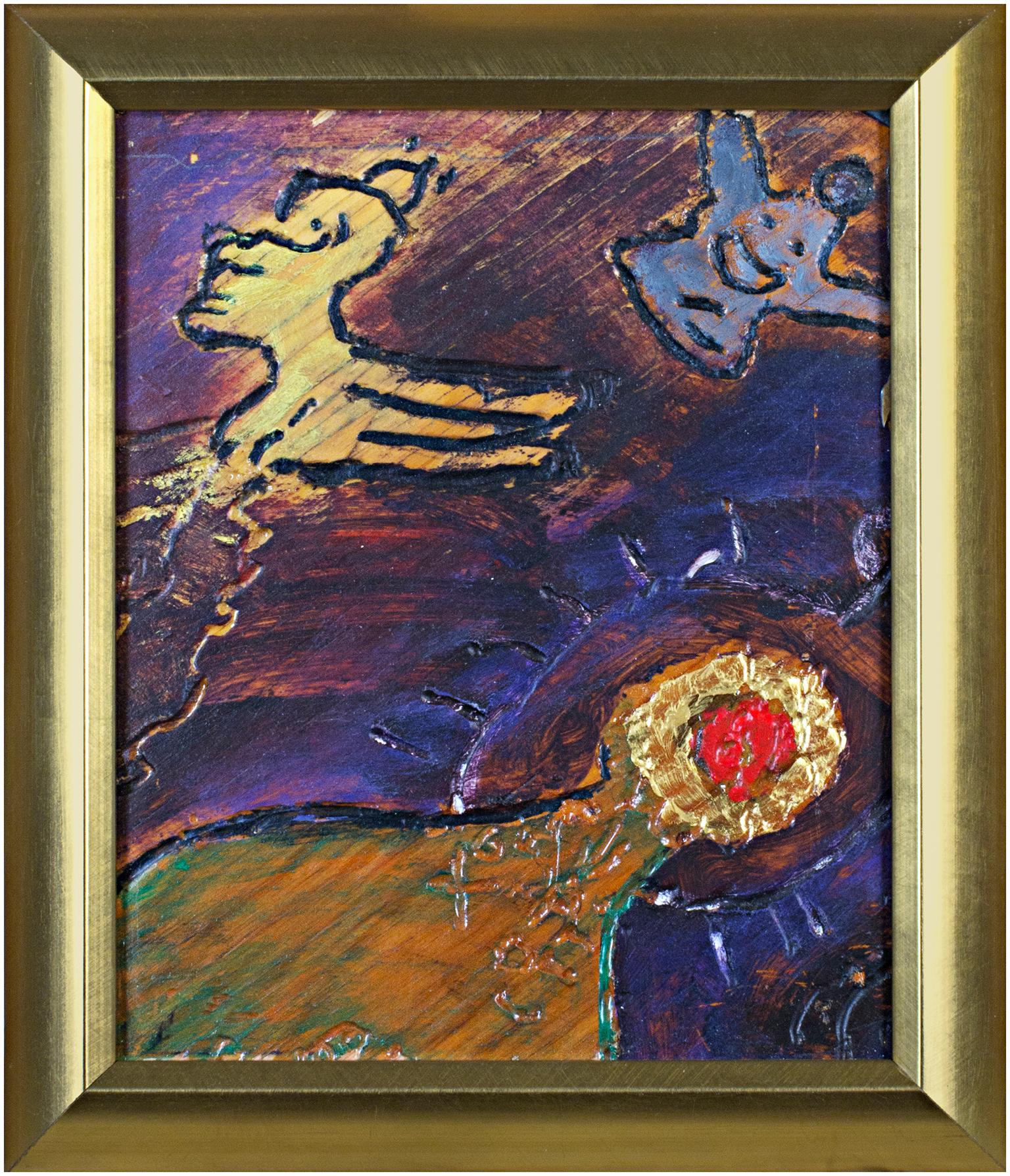 "Open the Bottle (Let in the Darkness)" is an original oil painting on wood panel by Robert Richter in a gold frame and signed on the verso. It features saturated, deep colors and whimsical figures. The bottle of the the title occupies the lower