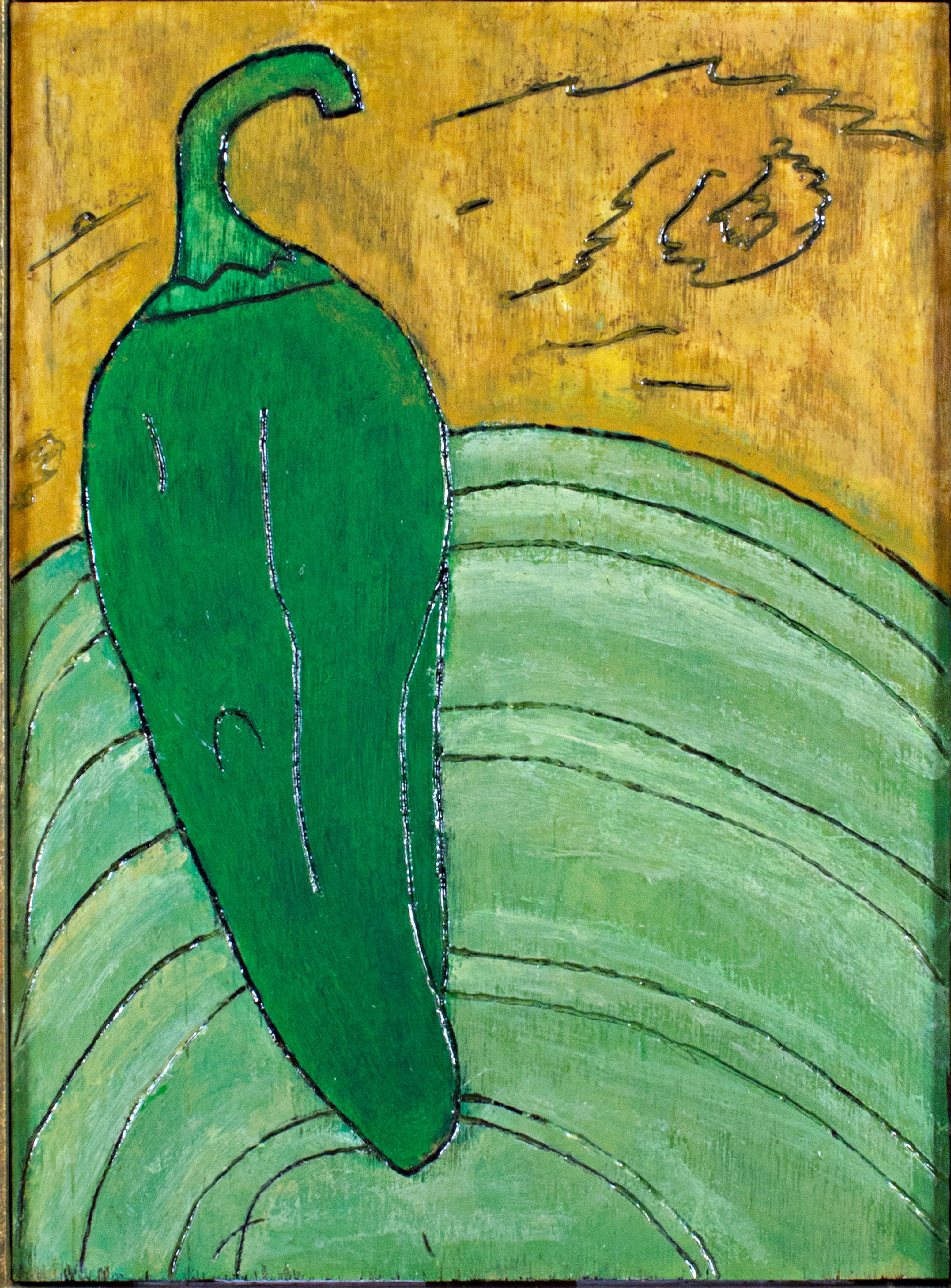 „Pepper Plate“, original gerahmtes grünes Stillleben, Öl signiert von Robert Richter im Angebot 1