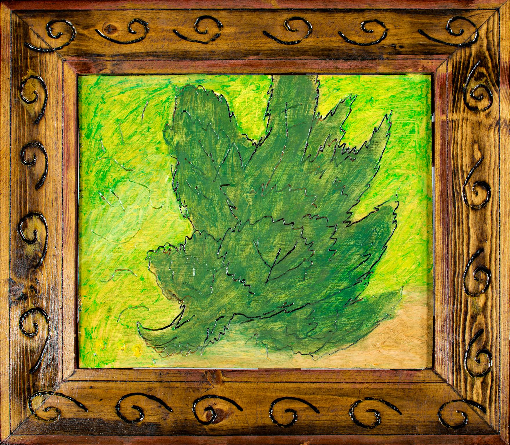 "Arbustos", del artista de Wisconsin Robert Richter, es un óleo original sobre madera, firmado en el reverso. El marco fue creado y tallado a mano por el artista, lo que lo convierte en parte integrante de la obra. El arbusto epónimo ocupa la mayor