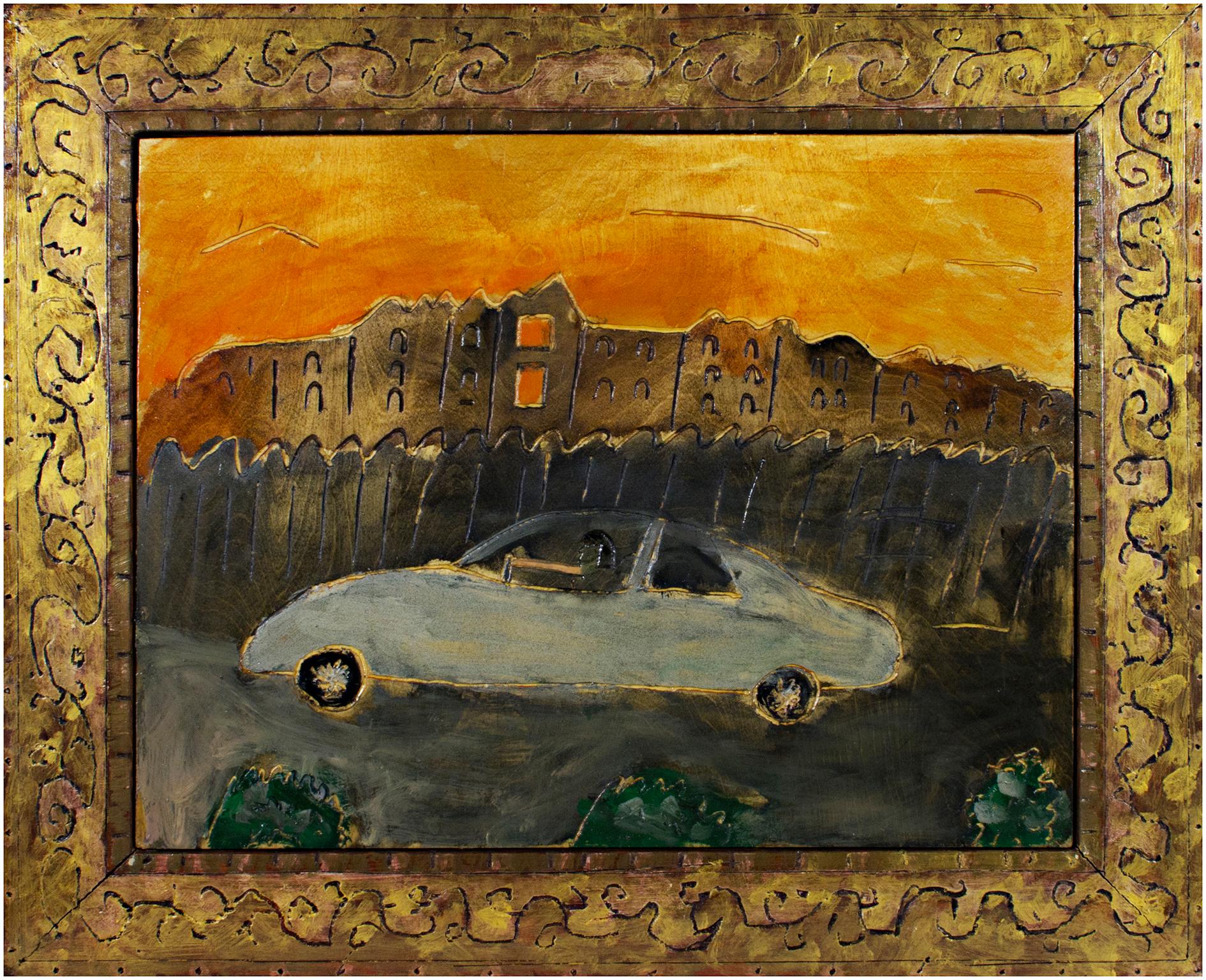 "Straight to Hell", Car & Orange Sky, Huile sur bois signée par Robert Richter