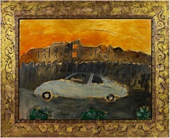 "Straight to Hell, " Car & Orange Sky Oil on Wood signed by Robert Richter
