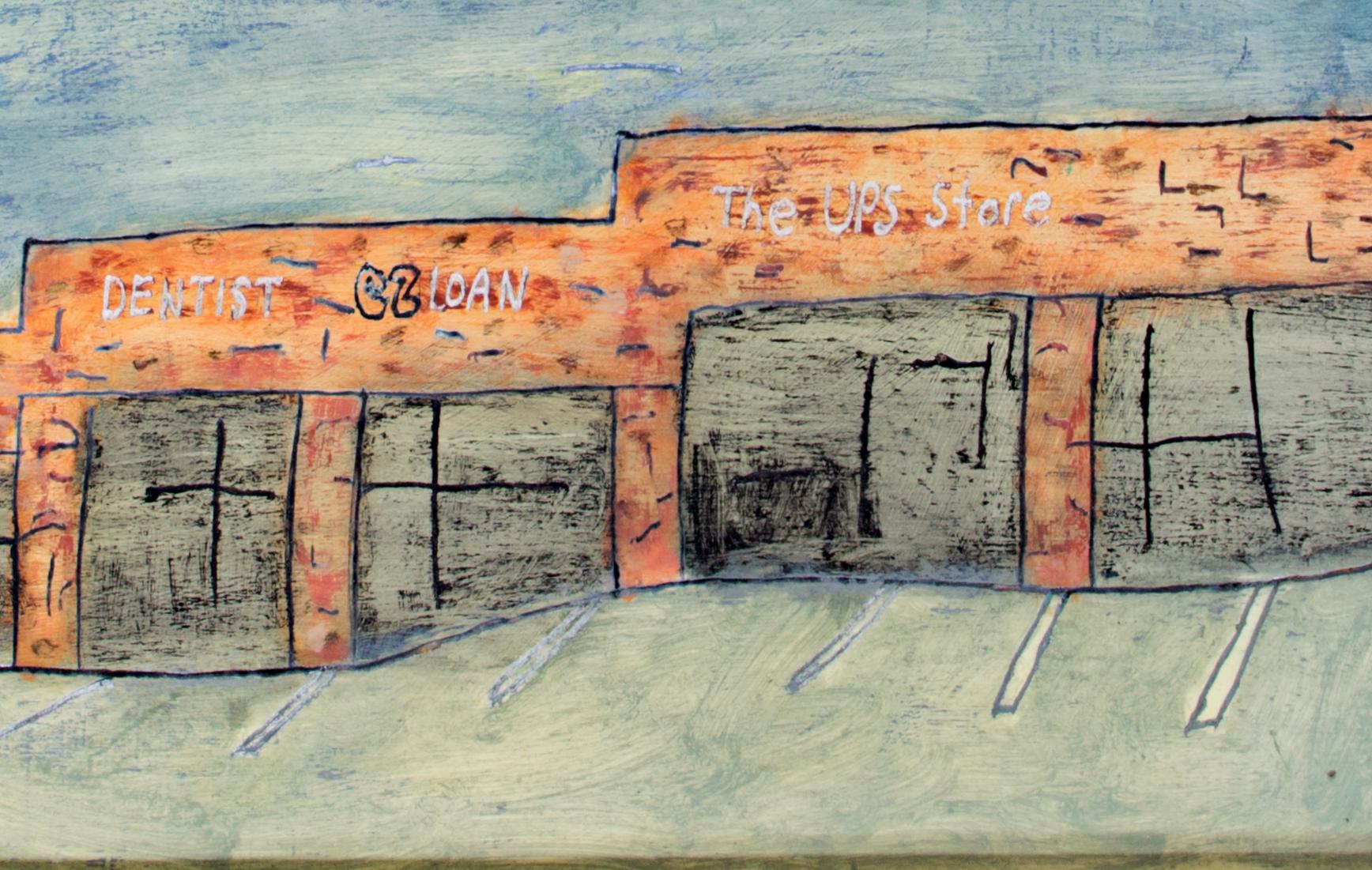 This painting, 'Strip Mall,' contains the humor common to Robert Richter's oeuvre, presenting a view of the kind of strip mall and parking lot so common to contemporary life. Each storefront has the sign of the business contained within, from tax