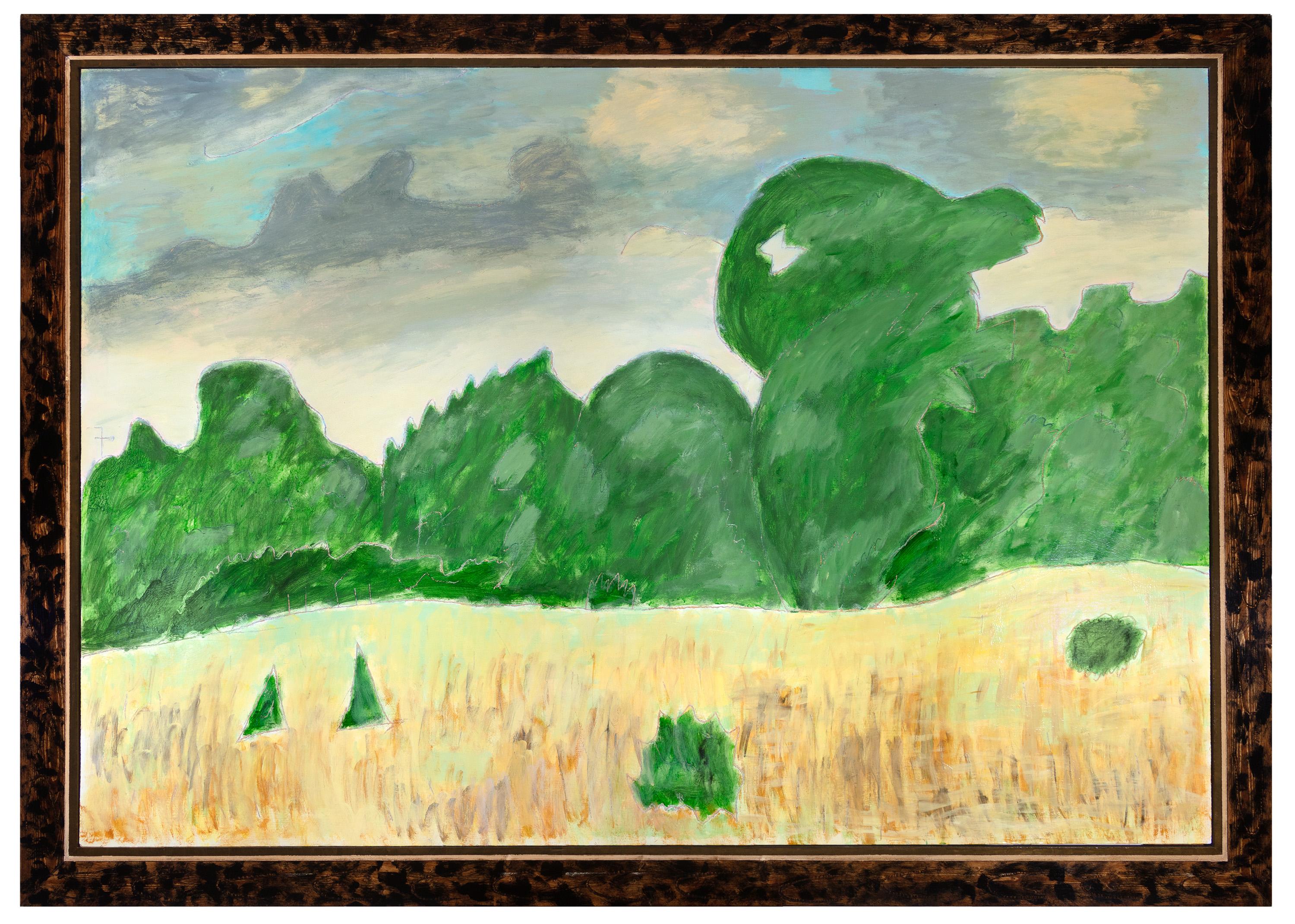 "Summer Morning" de Robert Richter est une peinture originale à l'huile sur bois, signée au dos. "Lady Bird Center" est un titre alternatif pour cette œuvre. Le cadre a été créé et sculpté à la main par l'artiste, ce qui en fait une partie