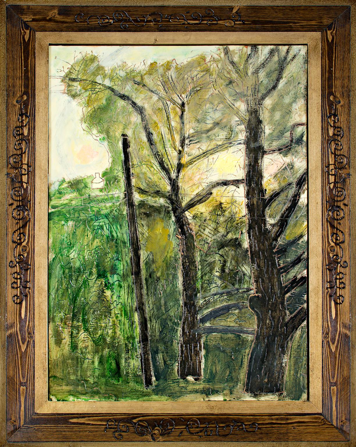 "Sunrise" est une peinture à l'huile originale de l'artiste du Wisconsin Robert Richter, signée au verso. Le cadre a été créé et sculpté à la main par l'artiste, ce qui en fait une partie intégrante de l'œuvre. Le tableau nous montre une forêt et