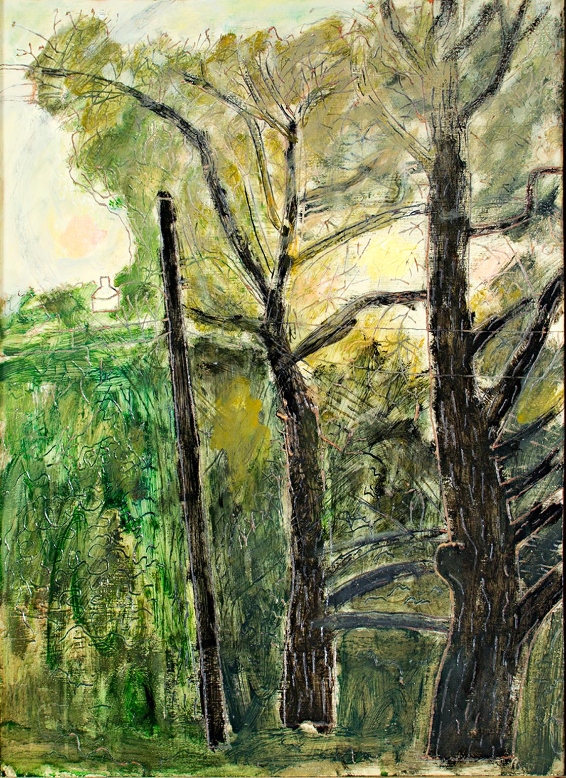 « Sunrise », huile originale sur bois - paysage de la forêt de l'aube signée par Robert Richter en vente 1