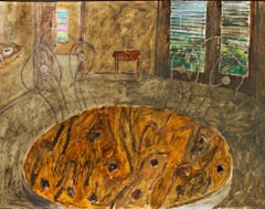 ""Texas Afternoon"" Innen-Ölgemälde des Tisches auf Holz, signiert auf der Rückseite von Robert Richter