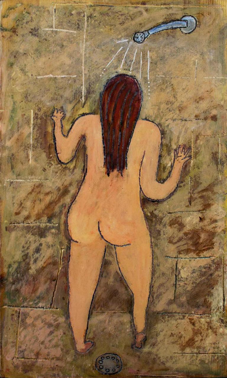 « The Shower », nu à l'intérieur, huile sur bois signée au dos par Robert Richter en vente 1