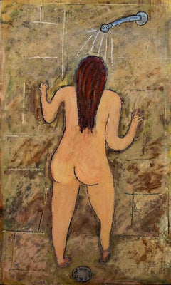 "The Shower, " Nude in Interior Oil on Wood signed on Back by Robert Richter