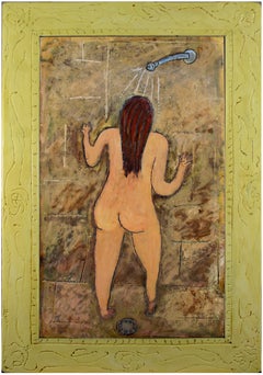"The Shower, " Nude in Interior Oil on Wood signed on Back by Robert Richter
