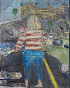 "The Traveler (Starbucks Coffee), " Oil on Wood Cityscape by Robert Richter