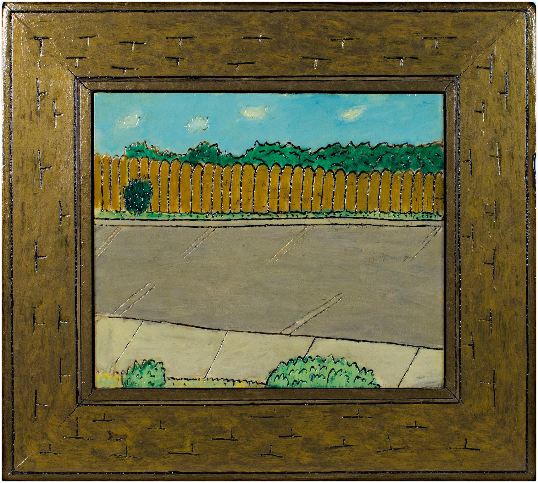 "Vista de ventana" es un óleo original sobre madera de Robert Richter. El artista firmó la pieza en el reverso. Richter también talló y pintó a mano el marco que sostiene el cuadro. Esta pieza representa una vista de un aparcamiento. 

10 3/4" x 13"