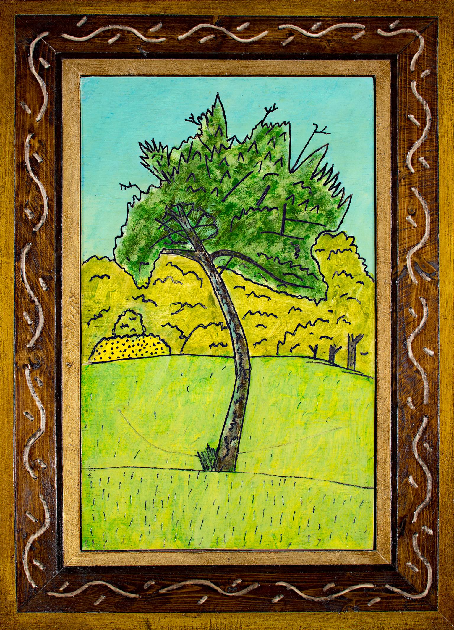 "Yellow Trees" is an original oil painting on wood by Wisconsin artist Robert Richter, signed on the verso. The frame was created and hand-carved by the artist, making it an integral piece of the work of art. The trees of the title rest in the