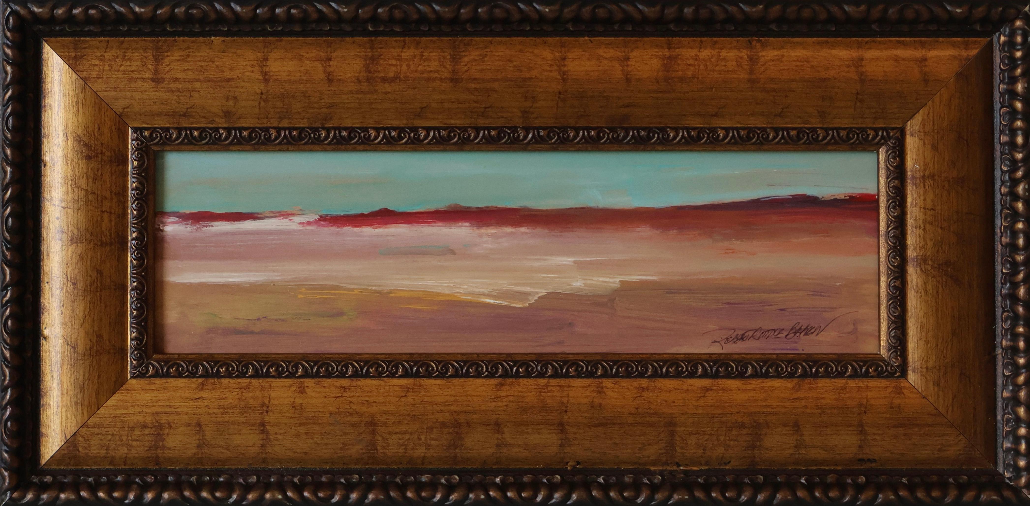 This framed 8.75" x 17.75" acrylic painting on panel by Robert Riddle Baker depicts an abstracted landscape using deep reds, yellows, and purple-toned browns. The sky, which takes up roughly a third of the panel, is painted a vibrant turquoise. The