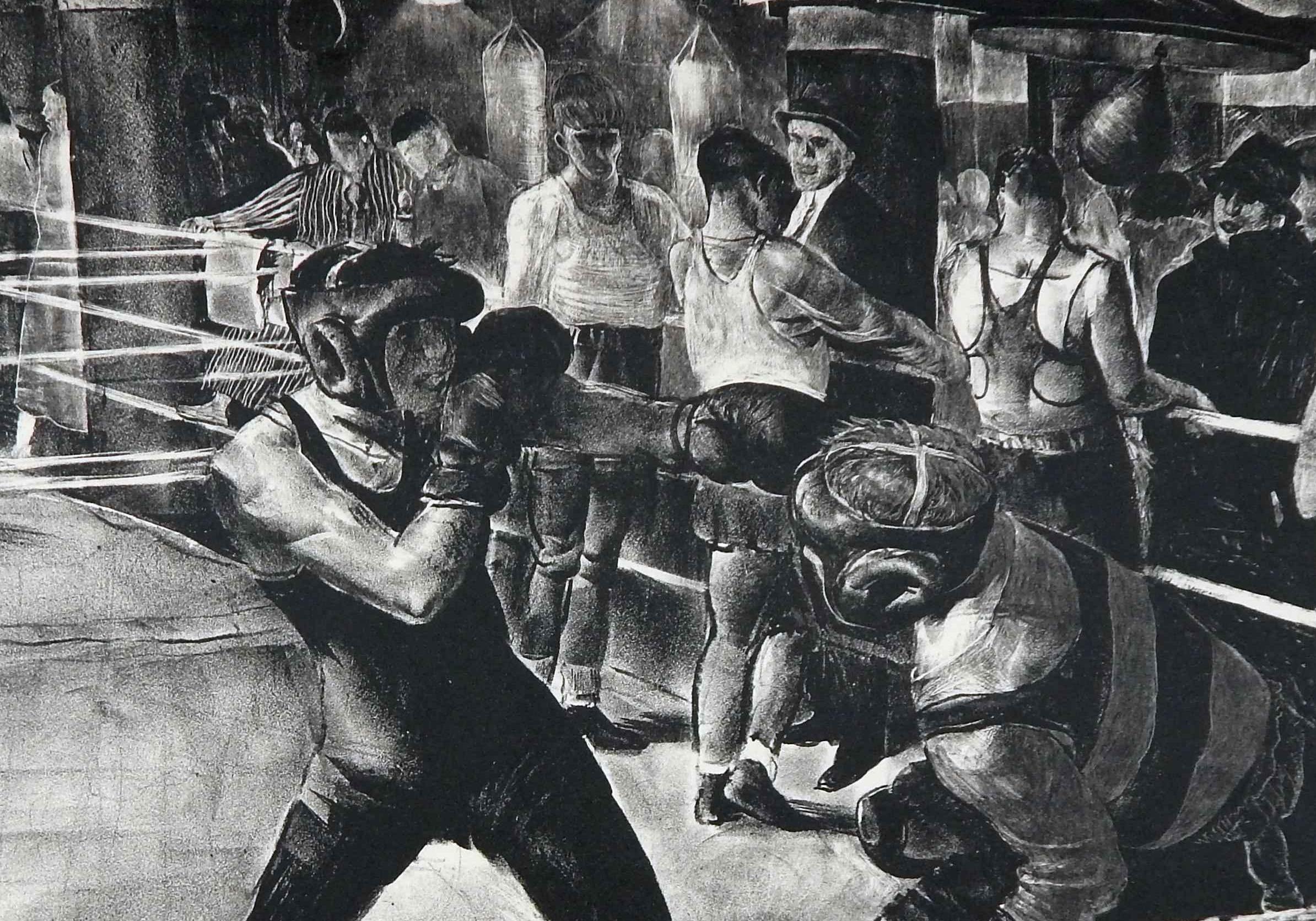 Boxing subject original stone lithograph by Robert Riggs (1896-1970)
Pencil titled lower left “Afternoon at Max’s”
Pencil signed lower right “Robert Riggs”
Image measures 15 1/8