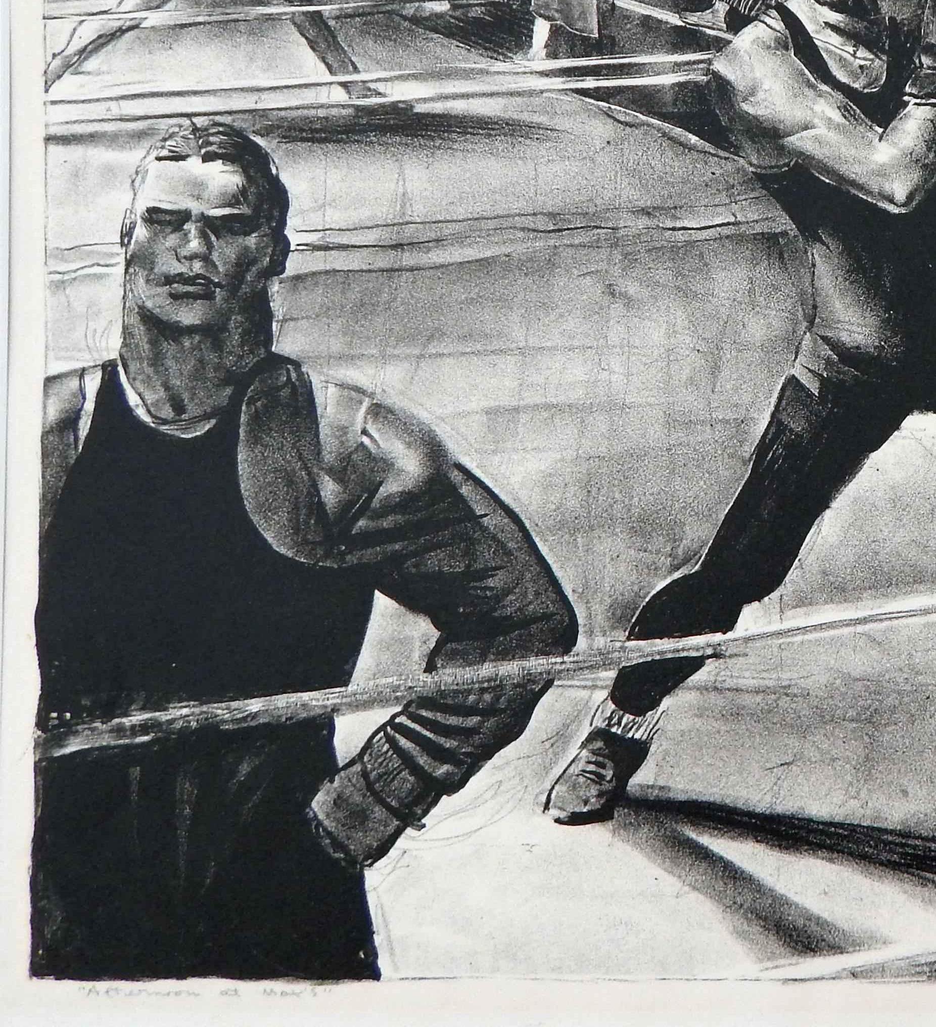Milieu du XXe siècle Lithographie originale de Robert Riggs sur pierre, sujet de boxe « Afternoon at Max's » (après-midi chez Max) en vente