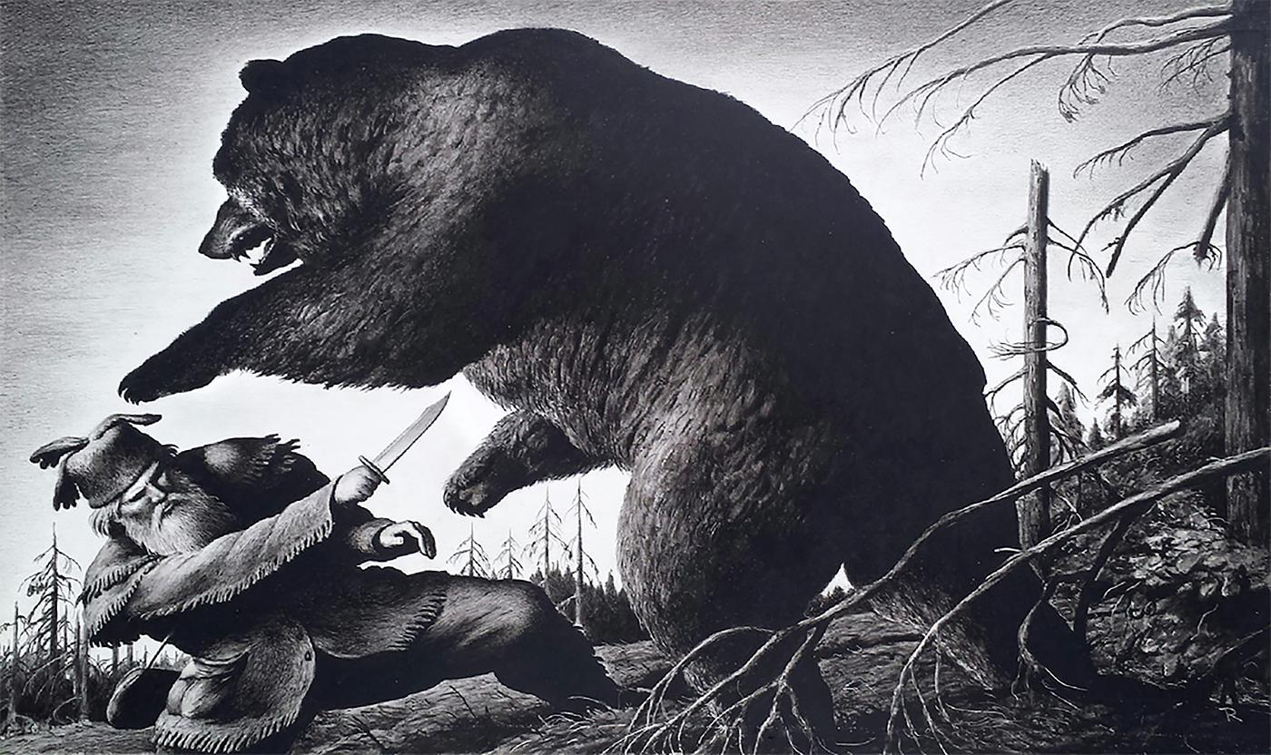Robert Riggs Animal Painting - Grizzly Adams,  Grizzly bear attacks Frontiersman